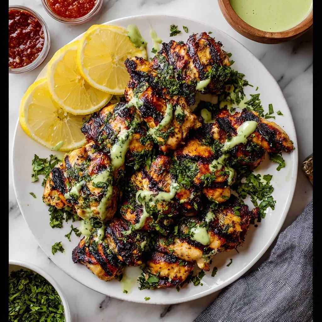 The dish shows grilled chicken pieces arranged closely on a white marbled surface, each piece with a golden brown and slightly charred texture, giving a smoky look with dark grill marks. The chicken is topped with a creamy light green sauce drizzled unevenly across the pieces, adding a smooth texture contrast. Fresh dark green chopped herbs, mostly cilantro, are sprinkled generously on top and between the chicken pieces. On one side, there are thin wedges of bright yellow lemon placed neatly, adding a fresh and vibrant touch. The whole presentation is vibrant with a mix of warm brown, light green, and fresh green colors. photo taken with an iphone --ar 1:1 --v 7 — Honey Harissa Chicken Thighs, Chicken Thighs with Honey Harissa, Spicy Honey Chicken Dinner, Easy Harissa Chicken Recipe, Juicy Chicken Thighs with Harissa