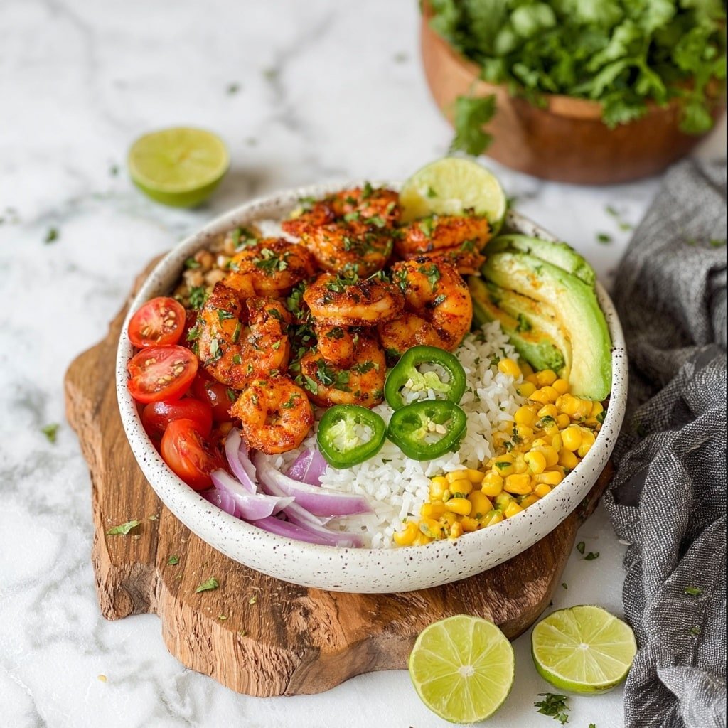 The image shows a white bowl with a bed of white rice as the first layer at the bottom. On top of the rice, there are grilled corn kernels on the left, slices of fresh green jalapeño peppers in the middle, halved cherry tomatoes on the right, and small diced red onion scattered around. Over these vegetables, there are bright orange-red cooked shrimp seasoning with green chopped herbs sprinkled all over. A lime wedge is placed on the left side near some avocado slices, adding a fresh touch. The bowl sits on a white marbled surface. photo taken with an iphone --ar 1:1 --v 7 — Fiesta Shrimp Rice Bowl, shrimp rice bowl recipe, easy shrimp bowl, vibrant seafood bowl, quick weeknight dinner
