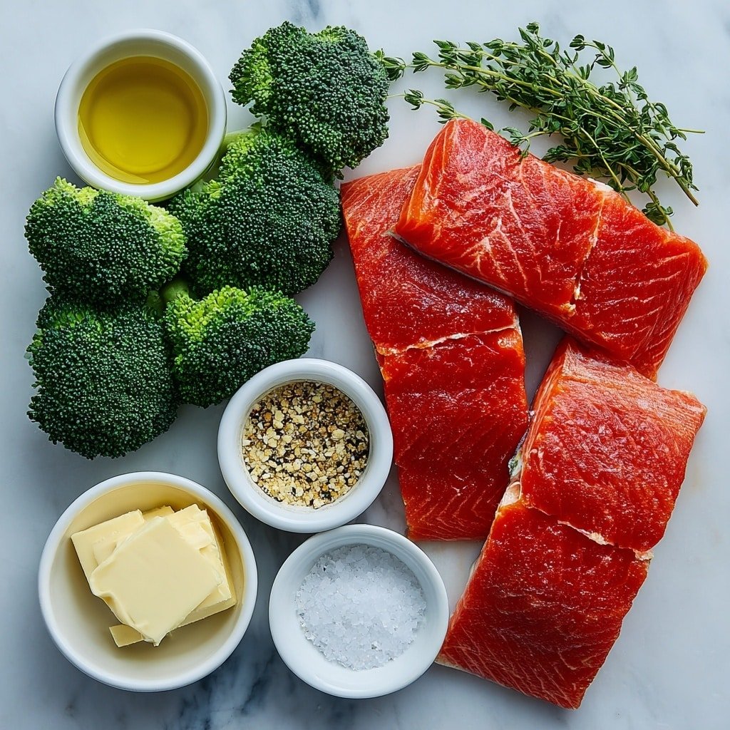 Flat lay of a handful of fresh green broccoli florets, four thick salmon fillets with bright pink flesh, a few sprigs of fresh herbs, a small white ceramic bowl of golden olive oil, a small white ceramic bowl of smooth honey, a small white ceramic bowl of creamy Dijon mustard, a small white ceramic bowl filled with everything bagel seasoning, and a small white ceramic bowl of coarse kosher salt, all arranged with perfect symmetry and balanced proportions, placed on a clean white marble surface, soft natural light, photo taken with an iPhone, professional food photography style, fresh ingredients, white ceramic bowls, no bottles, no duplicates, no utensils, no packaging --ar 1:1 --v 7 --p m7354639359234015250 — Honey Dijon Salmon with Roasted Broccoli, Honey Dijon Salmon, Baked Salmon with Honey Dijon, Easy Salmon Dinner, Healthy Fish Recipes