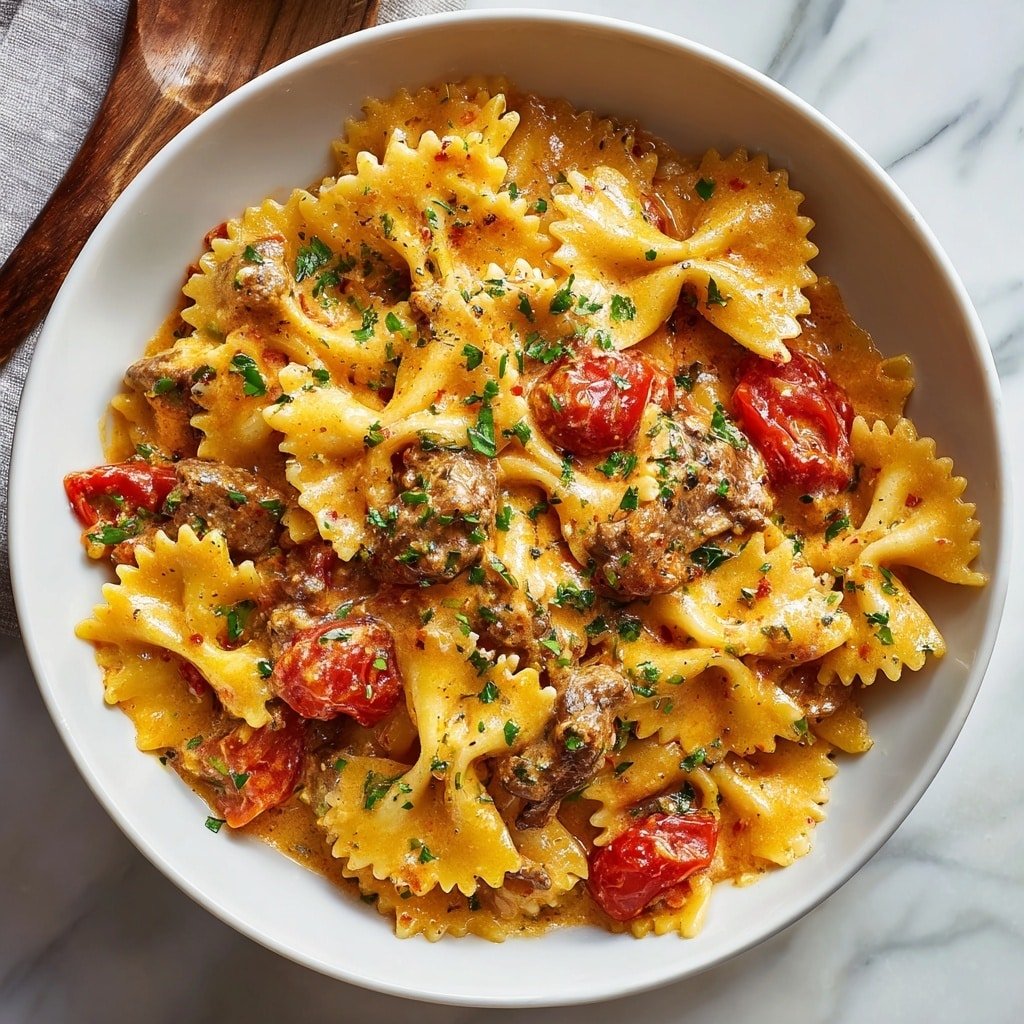 Creamy Velveeta Beef Bowtie Pasta Recipe - Article Image 1 — Creamy Velveeta Beef Bowtie Pasta, cheesy beef pasta recipe, easy creamy pasta dinner, comfort food Bowtie pasta, hearty beef and cheese pasta