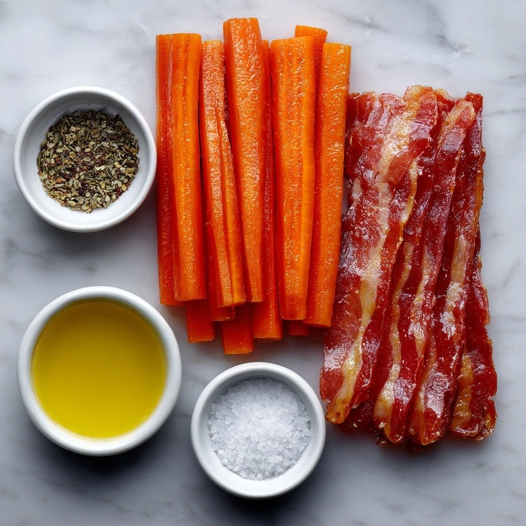 Bacon-Wrapped Carrots with Maple Glaze Recipe - Ingredients Image — Bacon-Wrapped Carrots with Maple Glaze, savory bacon carrot appetizers, easy bacon-wrapped vegetable recipes, holiday side dishes with bacon, sweet and smoky roasted carrots