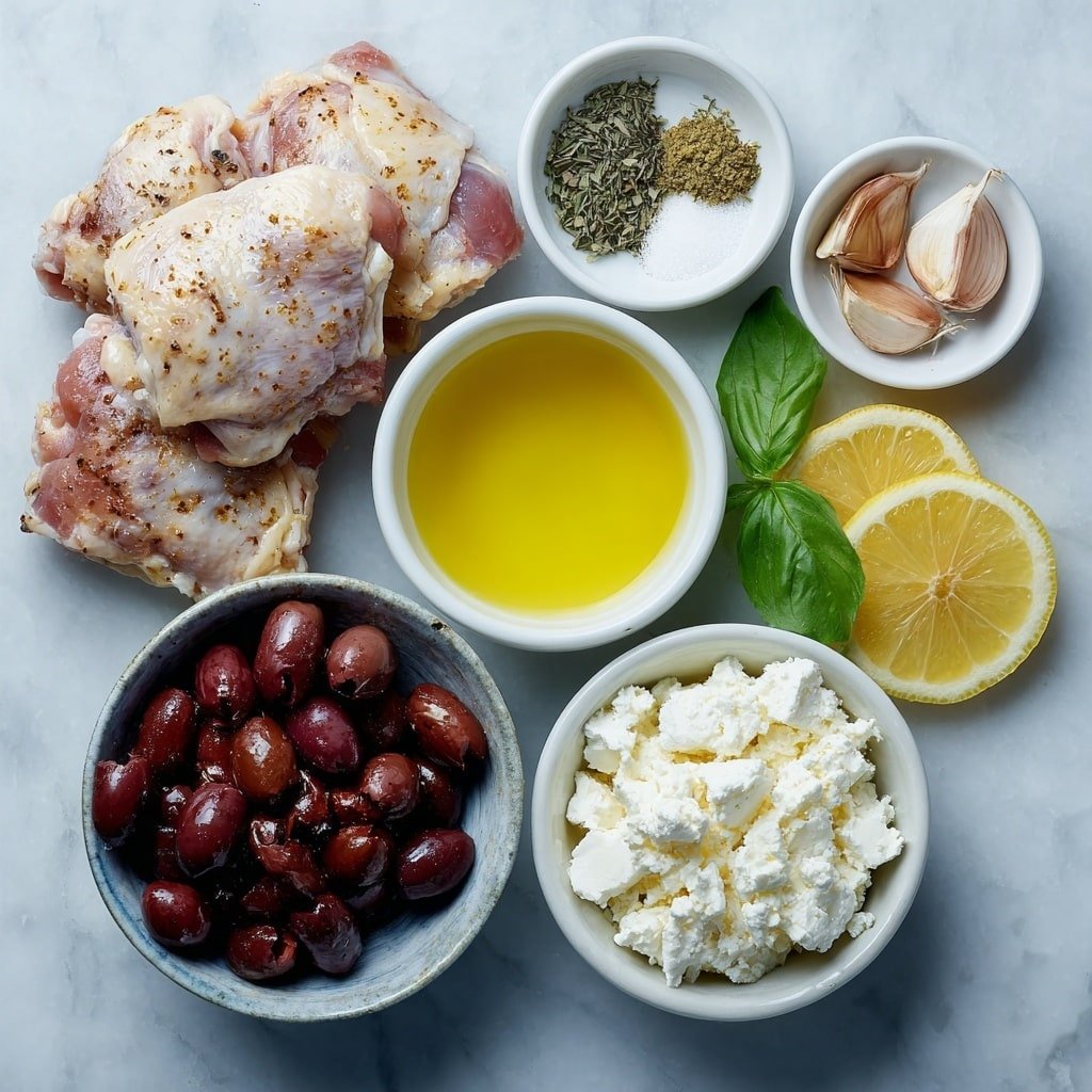 Flat lay of boneless, skinless chicken thighs arranged neatly, a small white bowl filled with golden olive oil, another small white bowl with bright yellow lemon juice, two whole garlic cloves unpeeled, a small pile of dried oregano leaves, a small pile of dried basil leaves, a small pinch of coarse salt crystals, a small pinch of whole black peppercorns, a small white bowl containing glossy pitted and halved Kalamata olives, a small mound of crumbly white feta cheese, and fresh lemon wedges halved and arranged symmetrically, all placed on a clean white marble surface, soft natural light, photo taken with an iPhone, professional food photography style, fresh ingredients, white ceramic bowls, no bottles, no duplicates, no utensils, no packaging --ar 1:1 --v 7 --p m7354639359234015250 — Slow Cooker Greek Chicken Thighs, Greek chicken thigh recipe, Mediterranean slow cooker chicken, easy Greek chicken dinner, tender Greek chicken thighs