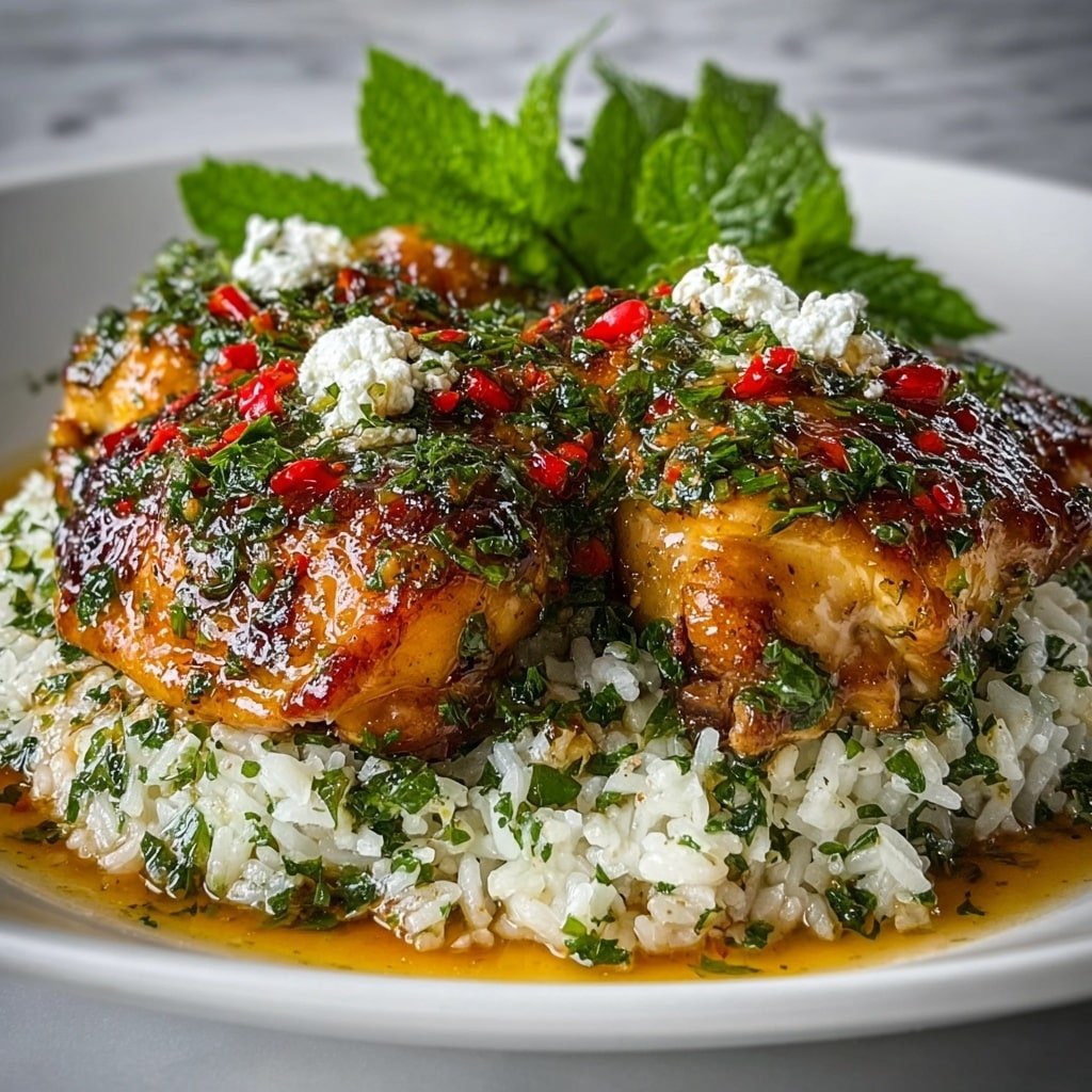 A white plate with two main parts: on the right side, a mound of white rice with fluffy grains, topped with bright green chopped herbs. On the left side, shredded cooked chicken in a brownish sauce with visible oil droplets, and sprinkled with the same green herbs for garnish. The chicken looks tender with some pieces showing a slight golden-brown color from cooking. The white plate sits on a surface with a white marbled texture. Photo taken with an iphone --ar 1:1 --v 7 — Slow Cooker Greek Chicken Thighs, Greek chicken thigh recipe, Mediterranean slow cooker chicken, easy Greek chicken dinner, tender Greek chicken thighs