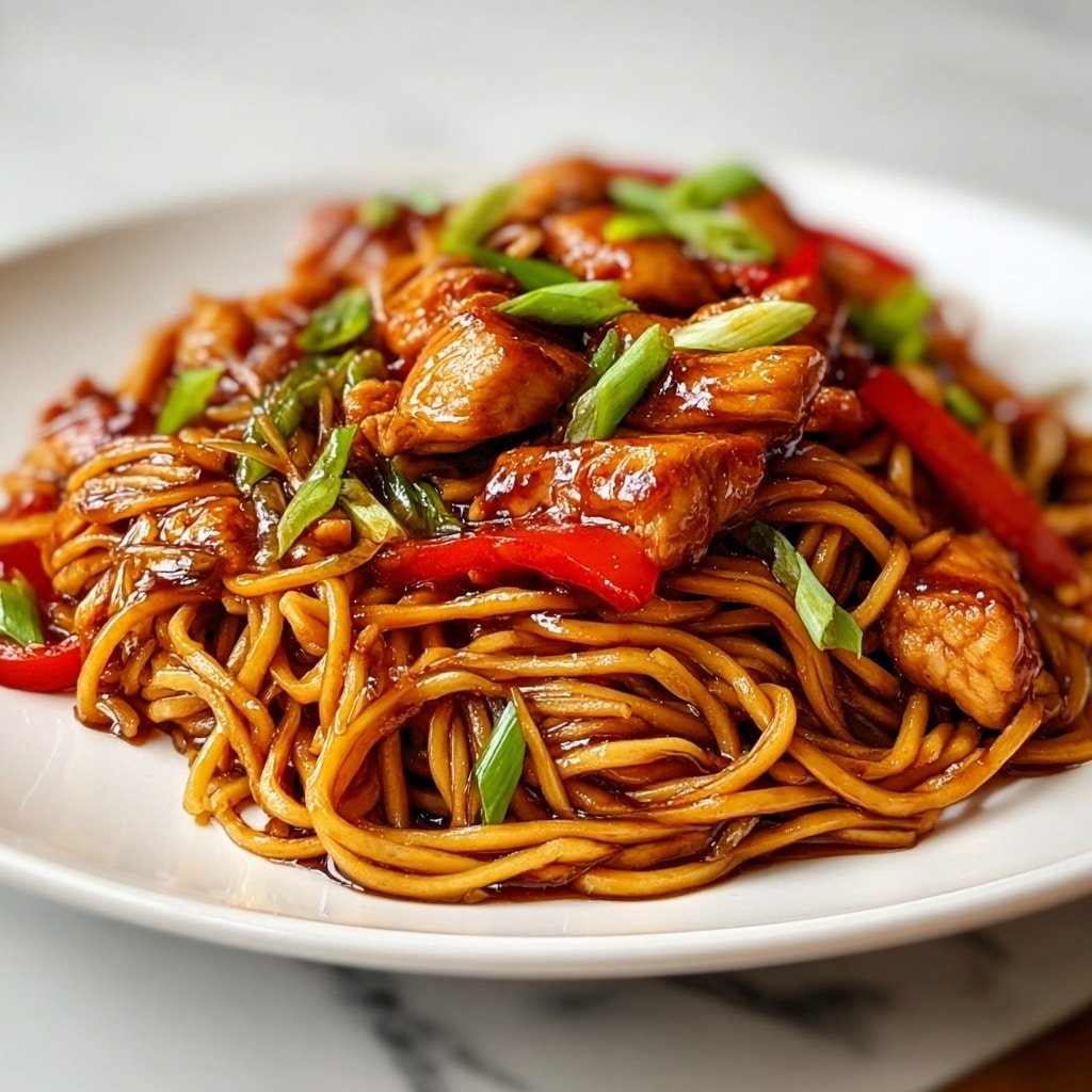 The image shows a close-up of a noodle dish with several layers. The base layer is thin, yellow noodles with a shiny glaze. Mixed within the noodles are small, juicy brown pieces of cooked meat scattered evenly. Among the noodles and meat, there are chopped vegetables including red bell peppers, translucent white onion chunks, yellow corn kernels, and small green herb pieces on top. All the elements have a slight gloss from a sauce, giving the dish a fresh and tasty look. The dish is set against a white marbled background. photo taken with an iphone --ar 1:1 --v 7 — Copycat Panda Express Chow Mein, homemade Panda Express Chow Mein, quick Panda Express-style noodles, easy Asian noodle recipe, restaurant-style chow mein
