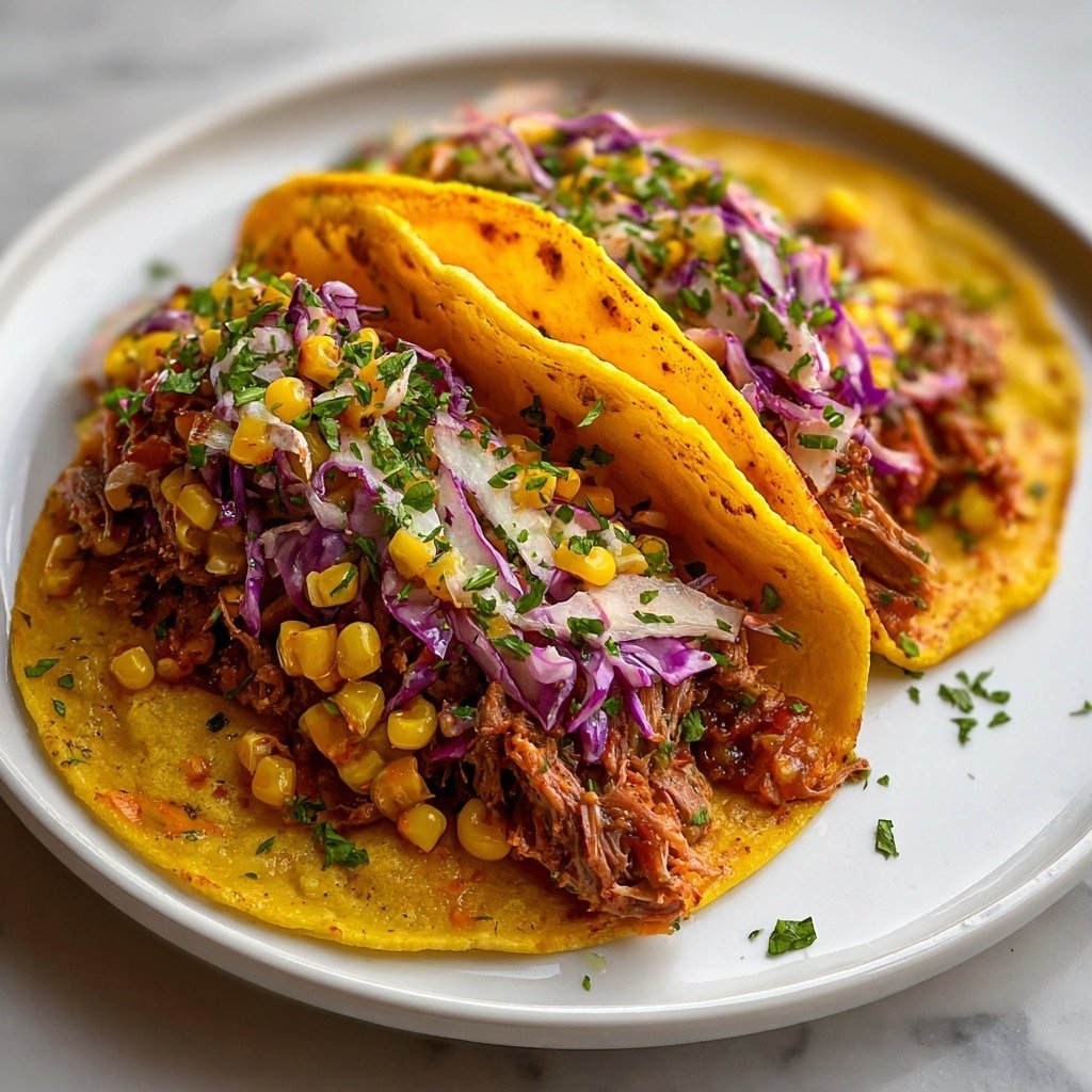 Four corn tortillas with light brown char marks are arranged side by side on a white plate, each folded into a taco shape. Inside each tortilla, layers include small chunks of pinkish-red cooked meat at the bottom, topped with a colorful mix of finely chopped purple cabbage, red tomatoes, white onions, and bright green cilantro scattered on top. The plate sits on a white marbled surface with a few pieces of chopped cilantro sprinkled around. The photo taken with an iphone --ar 1:1 --v 7 — Corned Beef Tacos with Cabbage Slaw, Corned Beef Tacos recipe, easy corned beef tacos, cabbage slaw tacos, quick taco recipes