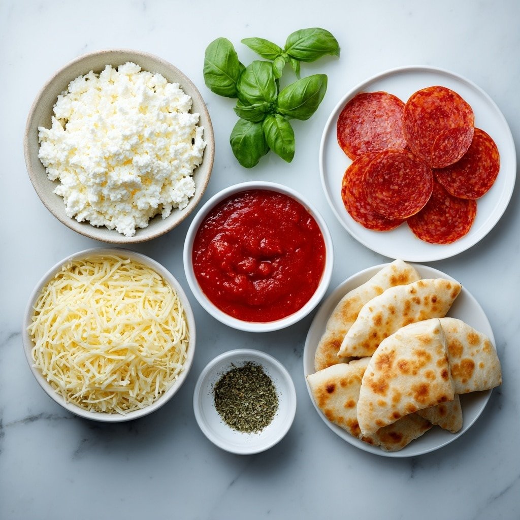 Flat lay of fresh cottage cheese in a small white ceramic bowl, shredded mozzarella cheese in a separate small white bowl, grated Parmesan cheese on a small white plate, dried oregano and dried basil each in tiny white ceramic bowls, garlic powder in a tiny white bowl, a neat pile of mini pepperoni slices on a simple white plate, bright red pizza sauce in a small white bowl, whole wheat mini pita pockets arranged symmetrically on a white plate, fresh green basil leaves laid out evenly on a white ceramic dish, all arranged with perfect symmetry and realistic proportions placed on a clean white marble surface, soft natural light, photo taken with an iPhone, professional food photography style, fresh ingredients, white ceramic bowls, no bottles, no duplicates, no utensils, no packaging --ar 1:1 --v 7 --p m7354639359234015250 — Cottage Cheese Pizza Bites, easy pizza appetizer, quick snack ideas, cheesy bite-sized snacks, healthy pizza finger foods
