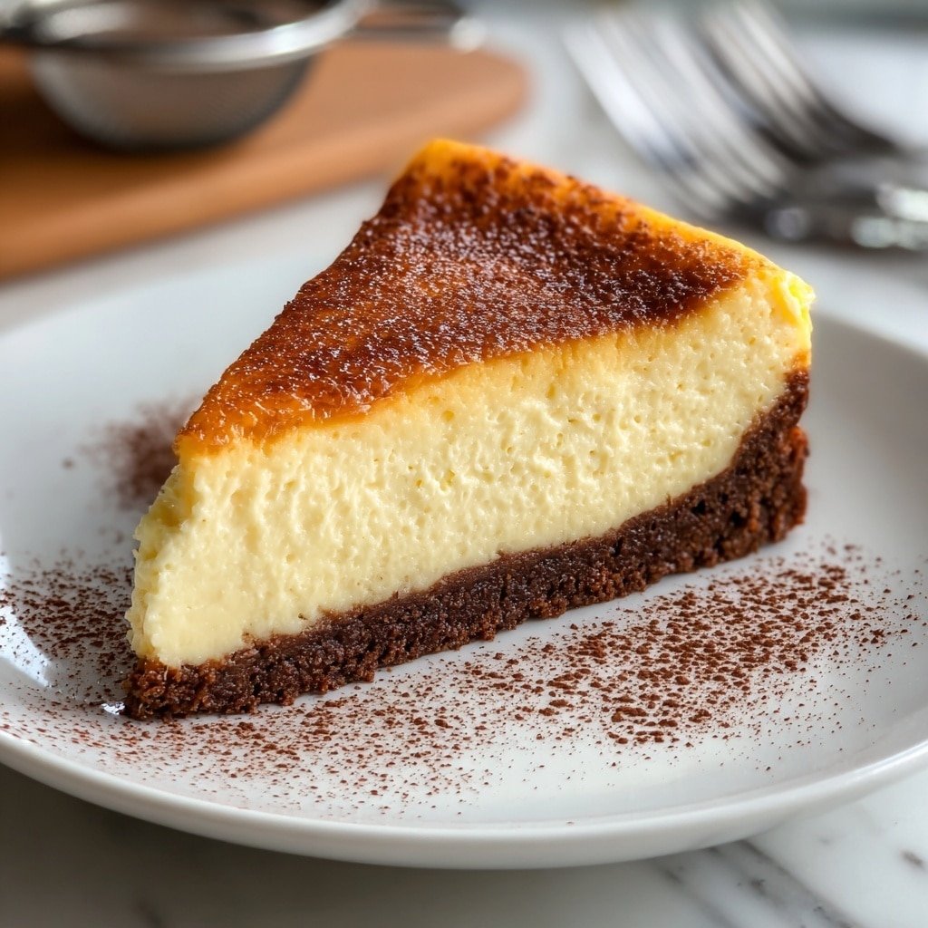 A single slice of cheesecake is shown resting directly on a white marbled surface. The cheesecake has two layers: a thick, creamy pale yellow main layer with a smooth, slightly textured surface and a thin, darker brown crust layer at the bottom. The top surface of the cheesecake is golden brown, slightly burnt in spots, with a shiny and slightly uneven texture. The lighting casts shadows across the cheesecake and marble, highlighting the creamy texture and golden top. Photo taken with an iphone --ar 1:1 --v 7 — Cottage Cheese Cheesecake, cottage cheese cheesecake recipe, easy cottage cheese dessert, creamy cheesecake with cottage cheese, homemade cheesecake with cottage cheese
