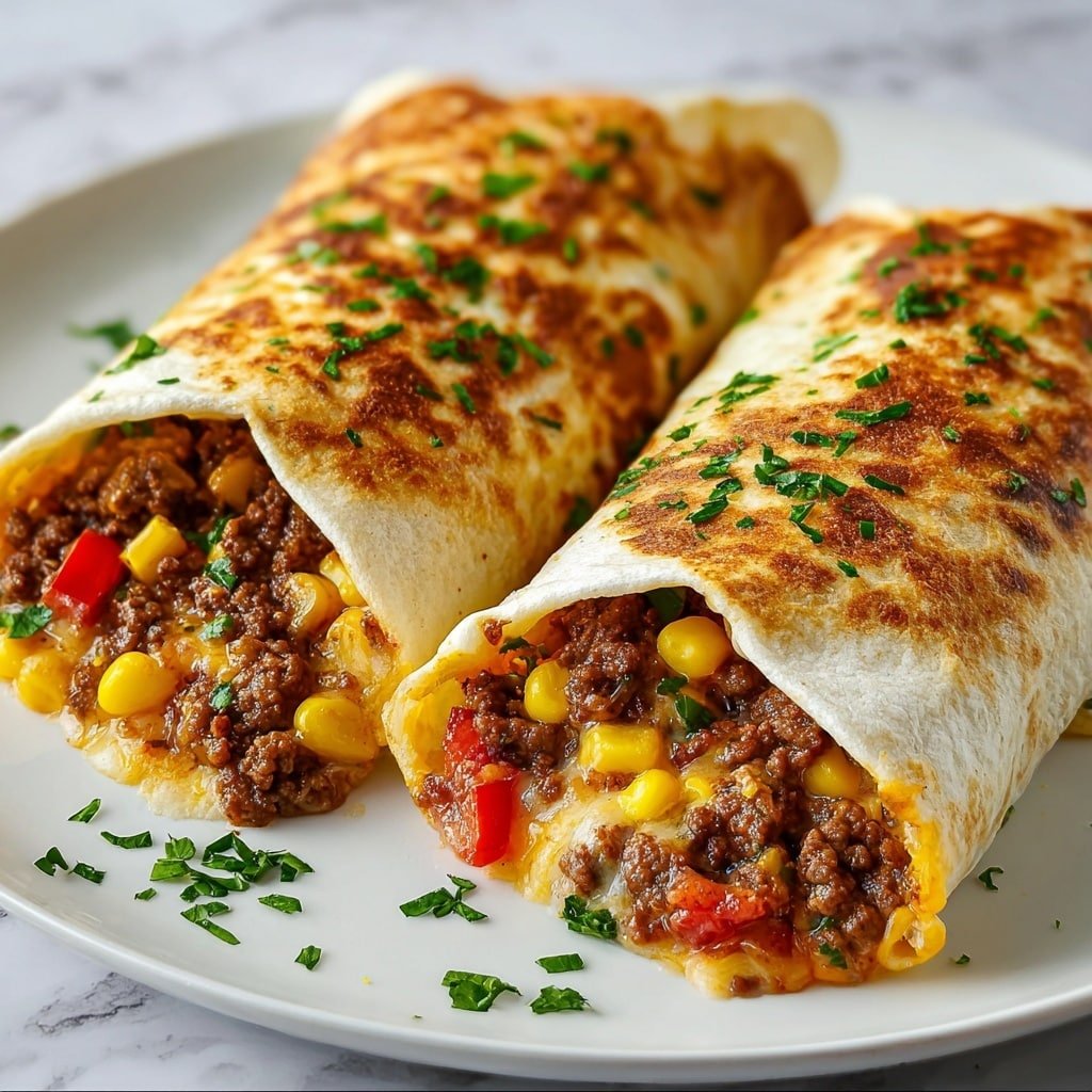 Three soft tortillas wrapped around three thick layers of filling lie closely together on a white marbled surface. The first layer inside the tortillas is a mix of small chunks of browned meat with some cooked scrambled eggs in a pale yellow color, the second layer has chopped red tomatoes and bits of cooked yellow corn, and the third layer shows fresh green herbs sprinkled throughout. The tortillas are lightly browned with crispy spots, and some filling peeks out from the open ends, showing a mix of colors and textures. photo taken with an iphone --ar 1:1 --v 7 — Freezer Breakfast Burritos, make-ahead breakfast ideas, easy breakfast recipes, quick breakfast meals, breakfast prep tips