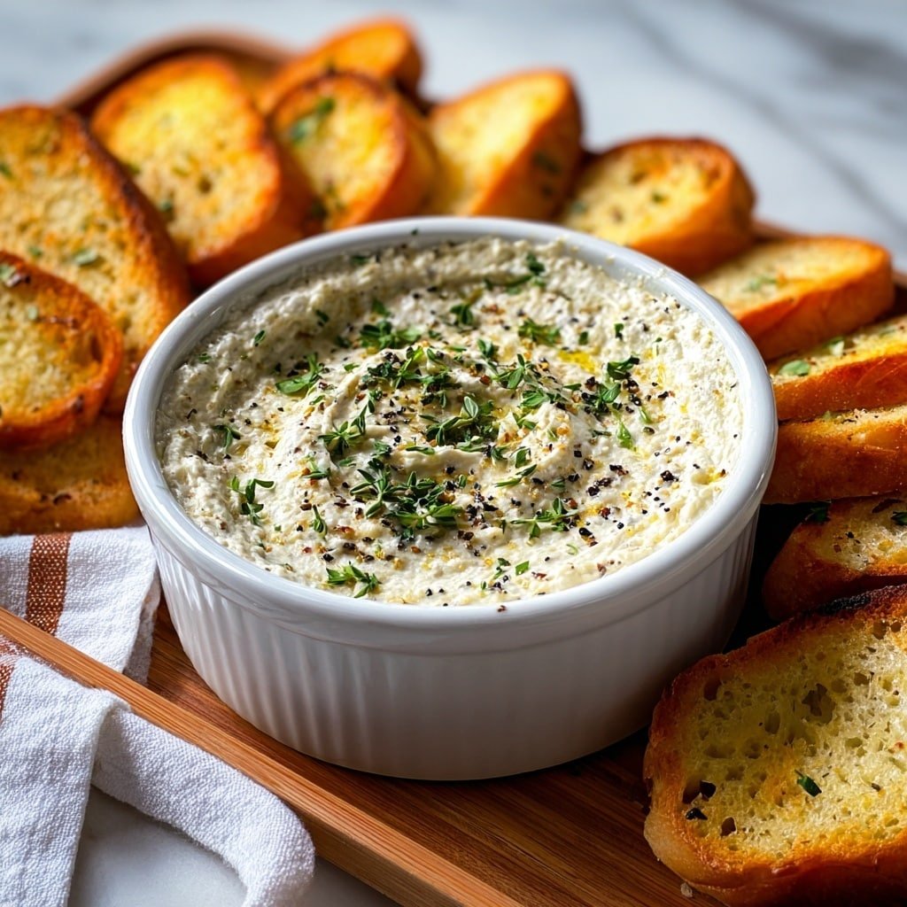 A bowl filled with a thick layer of white, lumpy cottage cheese, topped with small pieces of green herbs scattered evenly and a fresh green basil leaf placed in the center, all sitting inside a white bowl with a blue decorative pattern along the rim, which rests on a matching white plate with a brown edge, with some round crackers and blurred tomatoes and green leaves visible in the background on a white marbled surface, photo taken with an iphone --ar 1:1 --v 7 — Herb Cottage Cheese Dip, healthy snack dip, quick veggie dip, fresh herb dip, easy party dip