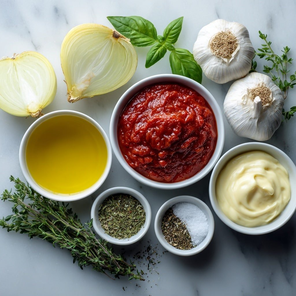 Flat lay of a small white ceramic bowl of golden olive oil, a medium yellow onion halved to show fresh layers, two whole cloves of garlic with papery skins intact, a small white ceramic bowl filled with bright red crushed tomatoes, a small white ceramic bowl of deep red tomato paste, a small white ceramic bowl of clear vegetable broth, a small white ceramic bowl containing granulated white sugar, small piles of dried green basil and dried light brown thyme, a small white ceramic bowl of ground black pepper, a small white ceramic bowl of smooth creamy half-and-half, and a small pinch of coarse salt scattered artfully, all arranged symmetrically on a clean white marble surface, soft natural light, photo taken with an iPhone, professional food photography style, fresh ingredients, white ceramic bowls, no bottles, no duplicates, no utensils, no packaging --ar 1:1 --v 7 --p m7354639359234015250 — Copycat Panera Tomato Soup, homemade tomato soup recipe, comforting tomato soup, easy tomato soup tutorial, velvety tomato soup