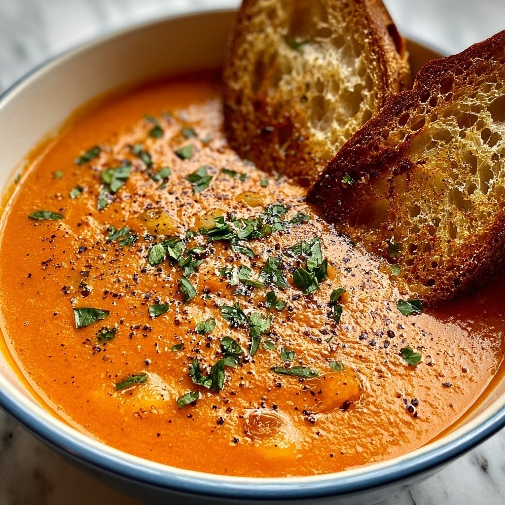 A white bowl filled with smooth, thick tomato soup that has a rich red color. The soup surface is sprinkled with small black pepper specks and bits of fresh green herbs, scattered across the top, adding contrast. The bowl sits on a white marbled surface, showing a delicate textured rim around the edge. photo taken with an iphone --ar 1:1 --v 7 — Copycat Panera Tomato Soup, homemade tomato soup recipe, comforting tomato soup, easy tomato soup tutorial, velvety tomato soup