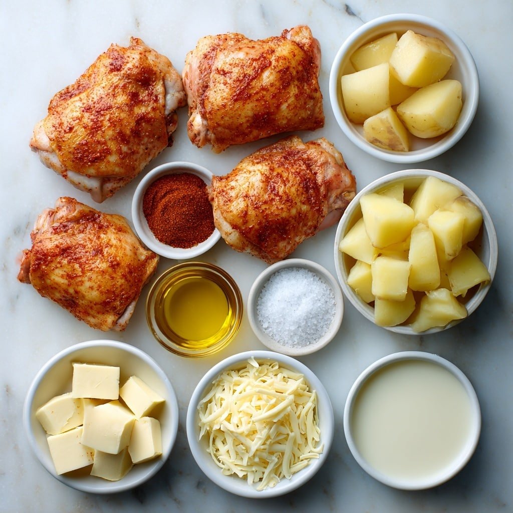 Flat lay of bone-in chicken thighs with skin intact, a small white bowl of golden honey, a small white bowl of deep red chipotle chili powder, a small white bowl of rich golden olive oil, a small white bowl of fine white garlic powder, a small white bowl of coarse salt crystals, a small white bowl of cracked black peppercorns, a pile of peeled russet potatoes cut into chunky pieces, a small white bowl of creamy milk, a handful of shredded smoky gouda cheese, and a few cubes of unsalted butter, all arranged symmetrically and balanced on a clean white marble surface, soft natural light, photo taken with an iPhone, professional food photography style, fresh ingredients, white ceramic bowls, no bottles, no duplicates, no utensils, no packaging --ar 1:1 --v 7 --p m7354639359234015250 — Chipotle Honey Chicken Thighs, Smoked Gouda Chicken Recipe, Honey Chipotle Chicken, Smoky Chicken Thighs with Gouda, Easy Comfort Chicken Dinner