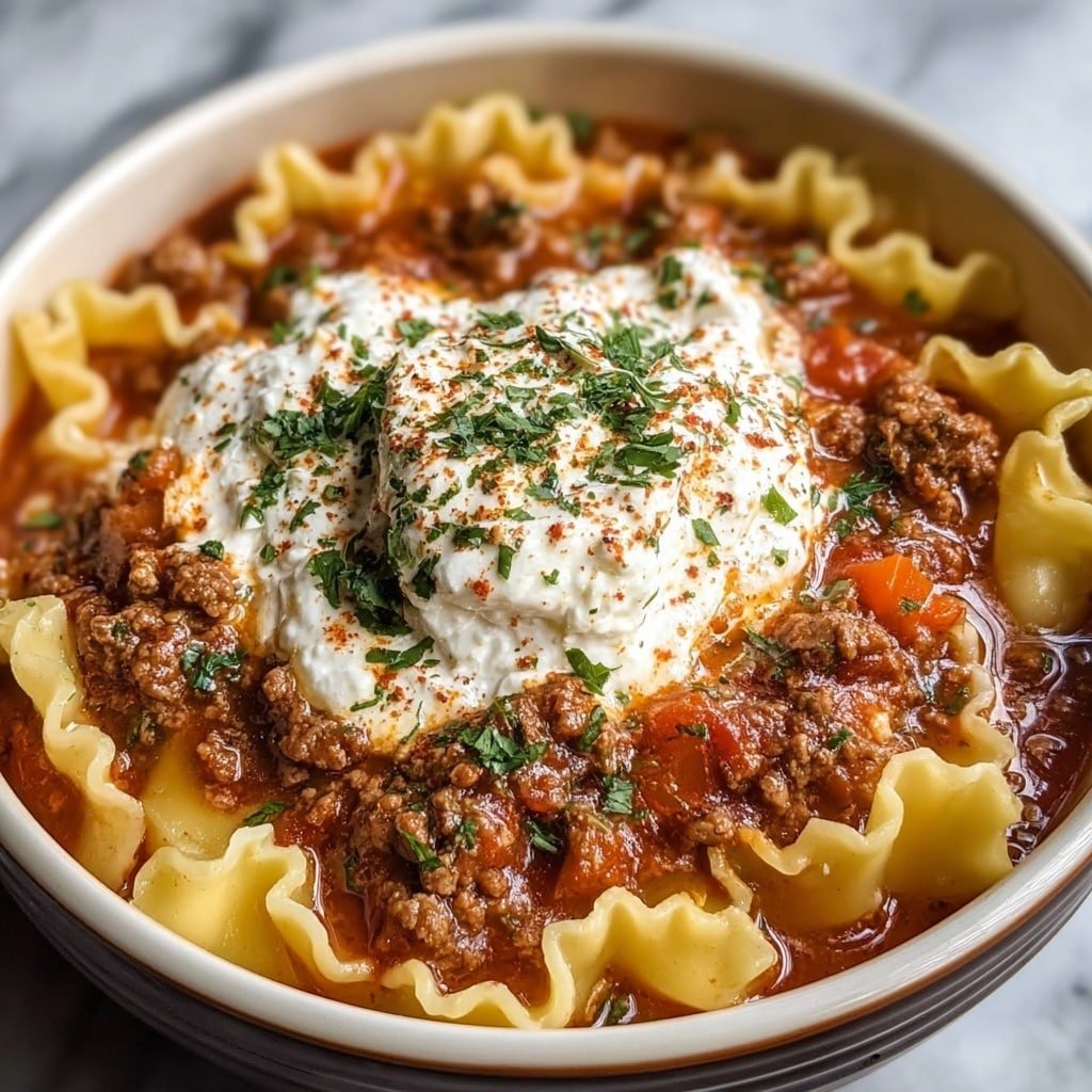 A close-up view of a bowl filled with three layers of food: at the bottom, wide ruffled lasagna pasta in light yellow color, partly covered by a thick reddish-brown tomato sauce mixed with ground meat and small pieces of orange carrot, forming the middle layer. On top, a generous dollop of white ricotta cheese sprinkled with green herbs and a light dusting of red spice sits in the center, spreading across some of the sauce and pasta. The bowl has a white interior and sits on a white marbled surface, highlighting the warm colors of the dish. Photo taken with an iphone --ar 1:1 --v 7 — Hearty Lasagna Soup, cheesy Italian soup, comforting soup recipes, easy lasagna-inspired soup, cozy Italian dinner