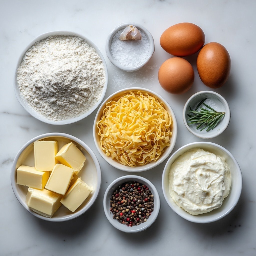 Flat lay of a small white bowl of all-purpose flour, a few whole brown garlic cloves, one whole yellow onion sliced, a small white bowl containing coarse salt, a small white bowl with whole black peppercorns, two tablespoons of fresh unsalted butter, three large whole yellow onions sliced, a small white bowl filled with rich beef stock, one fresh green bay leaf, a small white bowl of dried rosemary, several cubes of fresh cream cheese, a small white bowl of sour cream, a small white bowl of crispy golden French fried onions, a nest of uncooked wide egg noodles, three whole brown eggs, placed on a clean white marble surface, soft natural light, photo taken with an iPhone, professional food photography style, fresh ingredients, white ceramic bowls, no bottles, no duplicates, no utensils, no packaging --ar 1:1 --v 7 --p m7354639359234015250 — French Onion Beef and Noodles Slow Cooker, easy slow cooker beef recipes, comfort food recipes with beef, slow cooker beef and onion dishes, hearty weeknight dinners