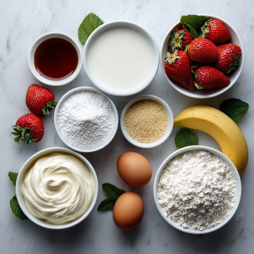 Flat lay of a small white ceramic bowl of whole milk, a small white ceramic bowl of granulated sugar, a small white ceramic bowl of cornstarch, a small white ceramic bowl of salt, a small white ceramic bowl of vanilla extract, a handful of fresh strawberries with green leaves, one ripe banana with peel, a small white ceramic bowl of heavy whipping cream, a small white ceramic bowl of powdered sugar, and two whole uncracked brown eggs, all arranged in perfect symmetry on a clean white marble surface, soft natural light, photo taken with an iPhone, professional food photography style, fresh ingredients, white ceramic bowls, no bottles, no duplicates, no utensils, no packaging --ar 1:1 --v 7 --p m7354639359234015250 — Strawberry Banana Pudding, strawberry banana dessert, easy fruit pudding, creamy fruit pudding, homemade pudding recipes