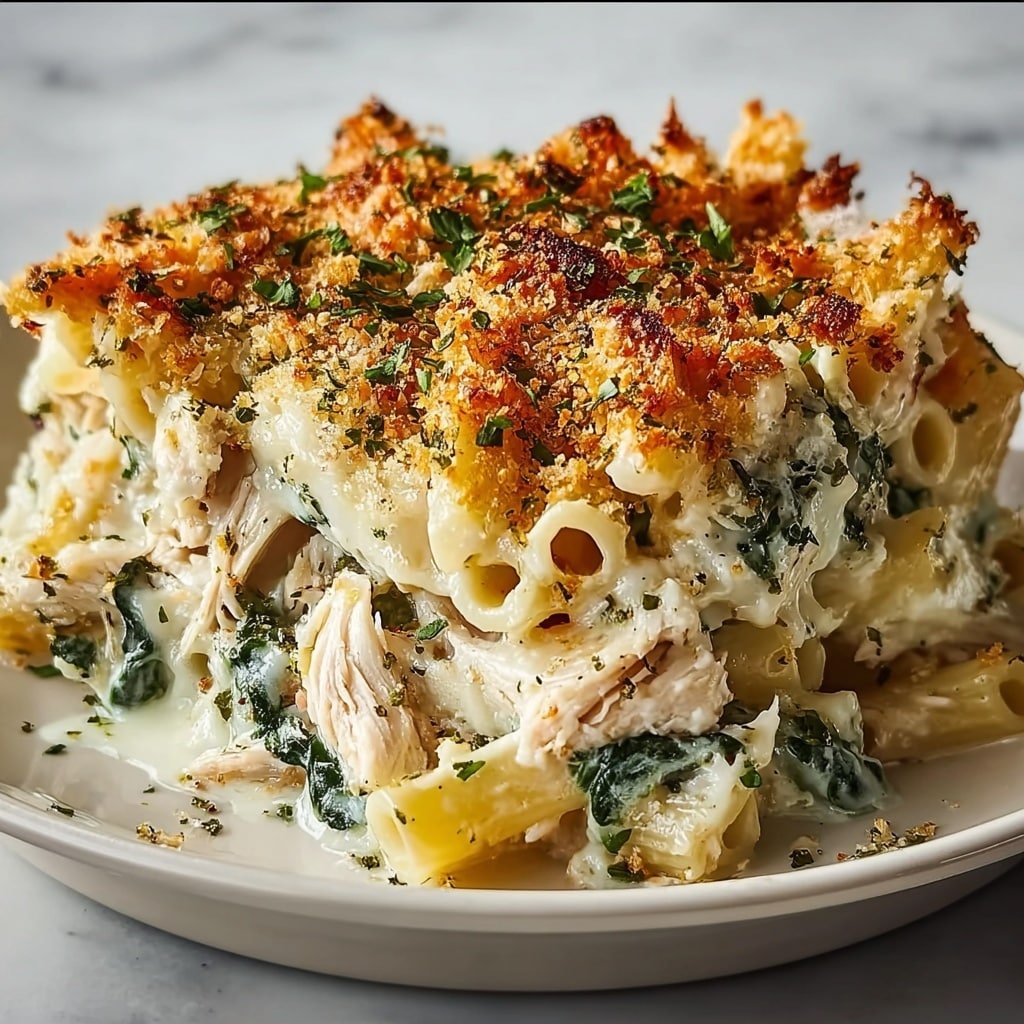 The image shows a close-up of a baked pasta dish with three main layers on a white plate. The bottom layer is creamy pasta mixed with cooked spinach, creamy white sauce, and shredded chicken pieces with a moist texture. The middle layer features more cooked pasta and chicken with some melted cheese. The top layer is golden brown and crispy, sprinkled with toasted breadcrumbs and herbs, giving a textured and crunchy look. The dish sits on a white marbled surface. Photo taken with an iphone --ar 1:1 --v 7 — Creamy Spinach Chicken Casserole, easy chicken casserole recipes, healthy spinach casserole, comforting chicken and spinach dish, stovetop baked chicken casserole