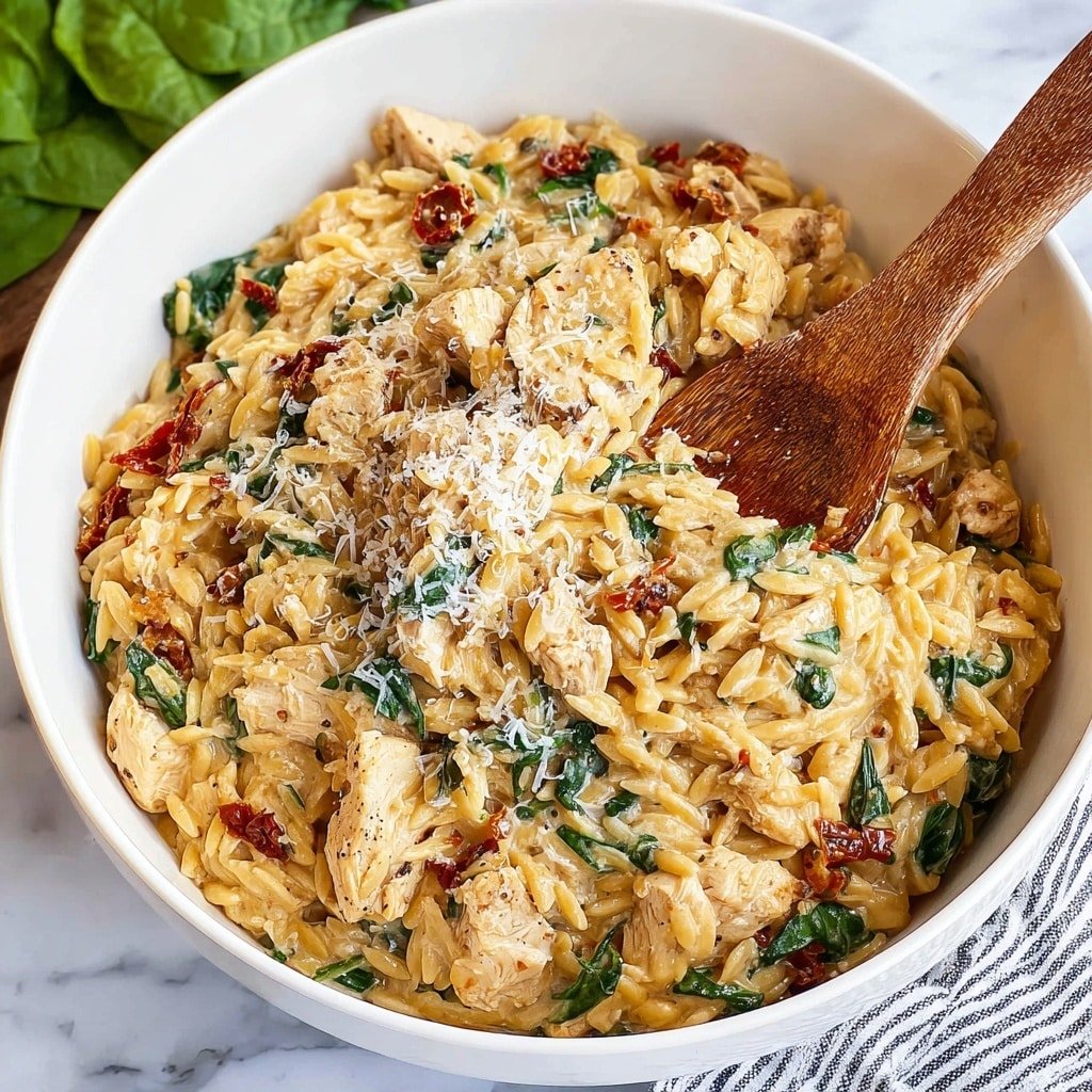 The image shows a white plate filled with a creamy pasta dish that has about three visible layers: a saucy, light beige layer mixed with small green spinach leaves, browned bits that look like sun-dried tomatoes, and a topping of white grated cheese. The pasta shapes are short and twisted, all covered in the creamy sauce with specks of black pepper. A gold-colored fork is lifting some pasta from the right side of the plate, angled towards the camera. In the background on a white marbled surface, there is another partially visible white plate with the same pasta and a small stack of sliced white baguette bread next to green spinach leaves. A striped gray and white cloth napkin lies near the edge of the front plate. Photo taken with an iphone --ar 1:1 --v 7 — Creamy Tuscan Chicken Orzo, Tuscan chicken pasta, creamy chicken dinner, Italian-inspired chicken recipe, easy comfort food recipes