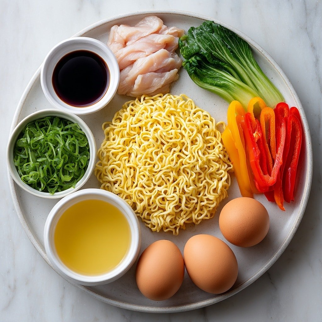 Flat lay of fresh ramen noodles in a neat nest, a small pile of raw chicken breast, bright green bok choy leaves, vibrant red and yellow bell pepper slices, thin orange carrot sticks, two whole brown eggs, a small white ceramic bowl filled with clear golden chicken broth, and another small white ceramic bowl holding dark soy sauce, all arranged in perfect symmetry on a simple white ceramic plate, placed on a clean white marble surface, soft natural light, photo taken with an iPhone, professional food photography style, fresh ingredients, white ceramic bowls, no bottles, no duplicates, no utensils, no packaging --ar 1:1 --v 7 --p m7354639359234015250 — Crock Pot Ramen with Vegetables and Protein, Crock Pot Ramen, Easy Slow Cooker Ramen, Homemade Ramen with Vegetables, Protein-Packed Ramen