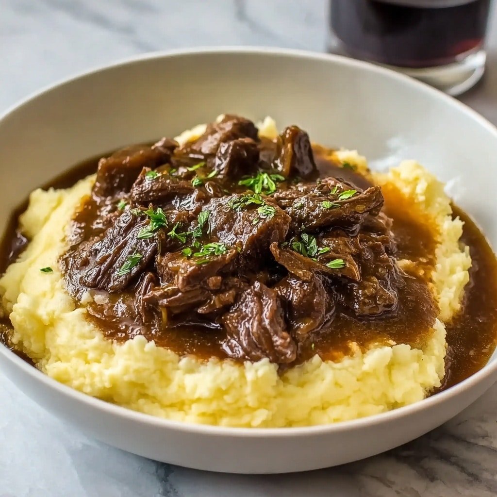Flat lay of a large trimmed beef chuck roast with visible marbling, a whole uncracked brown egg, a large peeled onion sliced into rings, a small white ceramic bowl filled with rich brown beef broth, another small white bowl containing smooth brown gravy sauce, a separate small white bowl with dark Worcestershire sauce, a generous scoop of creamy mashed potatoes on a white ceramic plate, a small mound of fine white garlic powder, coarse black peppercorns, coarse sea salt crystals, and a small heap of white cornstarch powder all arranged symmetrically and balanced in realistic proportions, placed on a clean white marble surface, soft natural light, photo taken with an iPhone, professional food photography style, fresh ingredients, white ceramic bowls, no bottles, no duplicates, no utensils, no packaging --ar 1:1 --v 7 --p m7354639359234015250 — Beef Manhattan with Rich Gravy, hearty beef dinner, comforting slow-cooked beef, classic comfort food recipes, delicious beef gravy dish