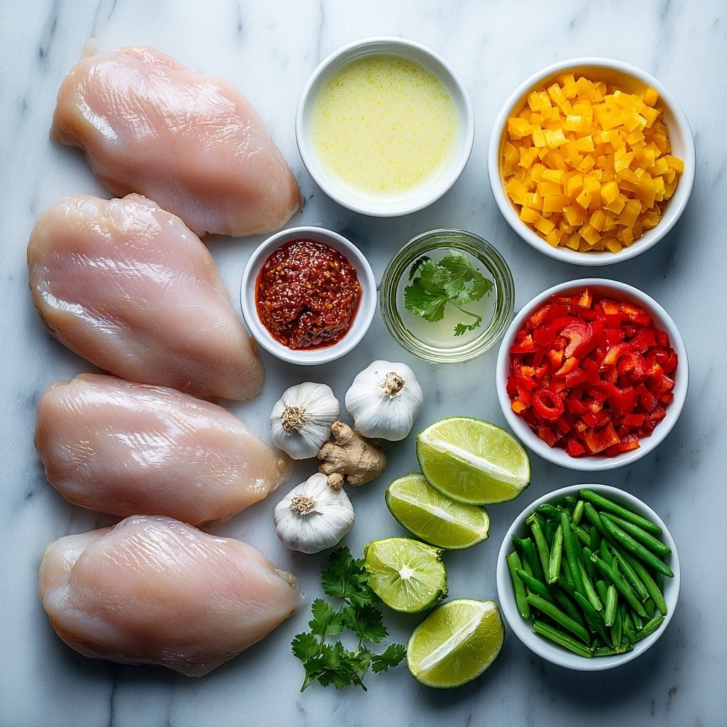 Flat lay of fresh boneless, skinless chicken breasts, a small white bowl of creamy coconut milk, a small white bowl of clear chicken broth, a small pile of chopped bright orange carrots, a small pile of chopped red bell peppers, a small pile of green snap peas, three cloves of whole garlic with clean skins, a small pile of fresh ginger root pieces, a small white bowl of vibrant red curry paste, a small white bowl of clear fish sauce, a small white bowl of fresh lime juice, a few sprigs of fresh green cilantro, and several bright green lime wedges arranged symmetrically, all placed on a clean white marble surface, soft natural light, photo taken with an iPhone, professional food photography style, fresh ingredients, white ceramic bowls, no bottles, no duplicates, no utensils, no packaging --ar 1:1 --v 7 --p m7354639359234015250 — Thai Coconut Chicken Soup, Thai Coconut Soup, Coconut Chicken Soup, Easy Thai Soup, Comforting Thai Soup