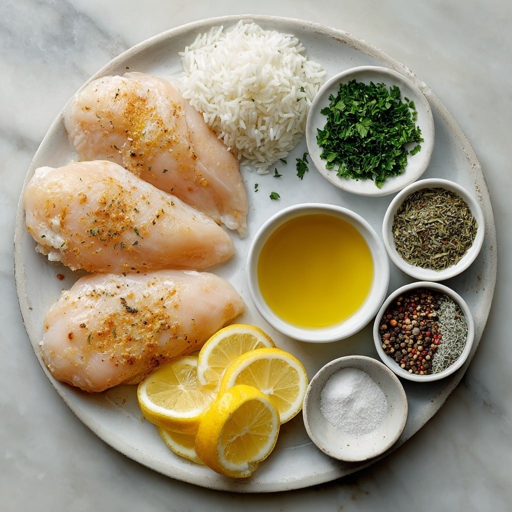 Flat lay of four raw boneless skinless chicken breasts arranged neatly, a small mound of uncooked long-grain white rice on a simple white ceramic plate, a small white bowl filled with golden olive oil, a small white bowl holding fresh yellow lemon juice, fresh whole lemon sliced into even rounds on a white ceramic dish, a small bunch of bright green chopped parsley carefully placed on a white ceramic bowl, two small white bowls containing dried thyme and dried oregano, two small white bowls with garlic powder and onion powder respectively, a small white bowl with coarse salt, another small white bowl with black peppercorns, all ingredients fresh and laid out in a symmetrical balanced composition, placed on a clean white marble surface, soft natural light, photo taken with an iPhone, professional food photography style, fresh ingredients, white ceramic bowls, no bottles, no duplicates, no utensils, no packaging --ar 1:1 --v 7 --p m7354639359234015250 — Lemon Herb Chicken and Rice, lemon herb chicken dinner, easy healthy rice recipes, comforting chicken and rice dish, simple lemon herb chicken