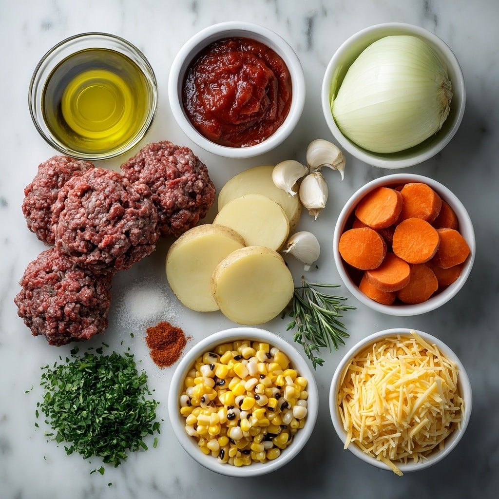 Flat lay of a small white bowl of golden olive oil, a medium yellow onion halved with visible layers, two pounds of fresh ground beef shaped in a neat mound, four whole uncracked garlic cloves, a few pinches of coarse kosher salt displayed loosely, several sliced Yukon gold potatoes arranged in overlapping quarters, three peeled carrots sliced into rounds, a small white bowl with bright red tomato paste, a small white bowl filled with diced fresh tomatoes and their juices, a small white bowl of cooked black-eyed peas, a small white bowl of fresh yellow corn kernels, a few sprigs of mixed Italian herbs, a small pile of smoked paprika powder, a small heap of chili powder, and a small white bowl filled with shredded yellow cheese — all ingredients placed symmetrically and balanced on a clean white marble surface, soft natural light, photo taken with an iPhone, professional food photography style, fresh ingredients, white ceramic bowls, no bottles, no duplicates, no utensils, no packaging --ar 1:1 --v 7 --p m7354639359234015250 — Hearty Cowboy Casserole with Ground Beef, easy ground beef casserole, comforting beef casserole recipe, hearty one-pot dinner, simple family casserole
