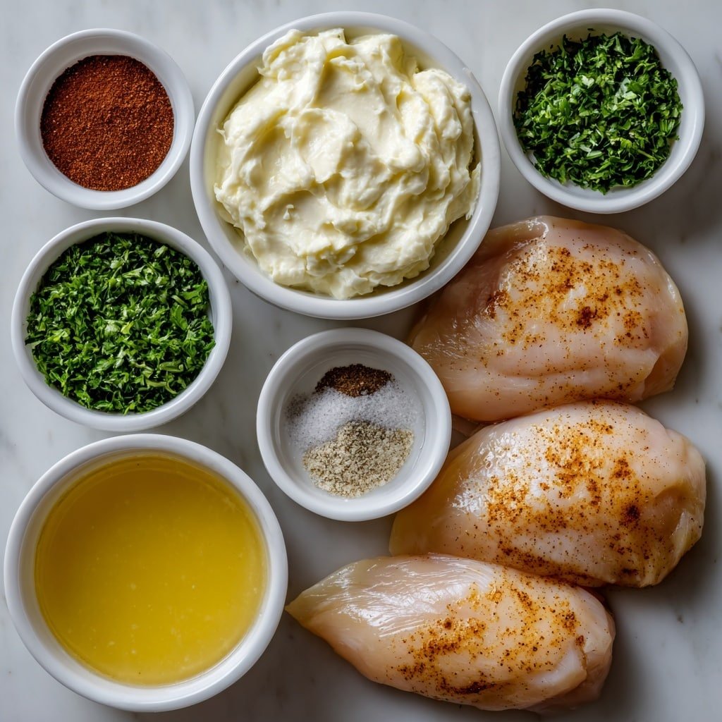 Flat lay of four fresh boneless, skinless chicken breasts neatly arranged, a small white ceramic bowl filled with smooth creamy sour cream, a small white bowl containing rich golden chicken broth, a small white bowl with thick cream of chicken soup, a small white bowl holding finely chopped bright green parsley, a small white bowl with rustic coarse black pepper, a small white bowl with fine white salt crystals, and two small white bowls each containing light brown ranch dressing mix and dark brown gravy mix powders, all symmetrically placed on a clean white marble surface, soft natural light, photo taken with an iPhone, professional food photography style, fresh ingredients, white ceramic bowls, no bottles, no duplicates, no utensils, no packaging --ar 1:1 --v 7 --p m7354639359234015250 — Creamy Chicken and Gravy, hearty chicken and gravy dish, easy creamy chicken recipe, comforting chicken dinner, homemade chicken gravy