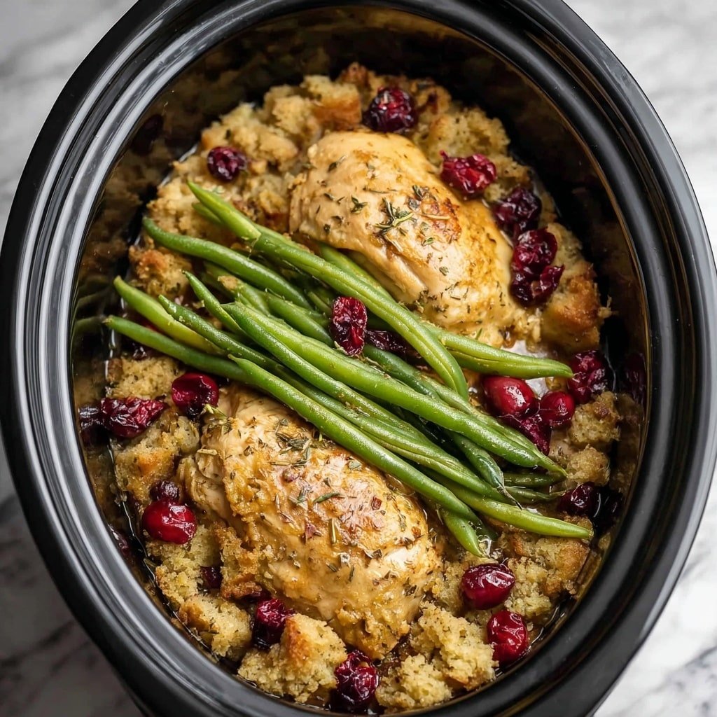 The image shows a black slow cooker filled with a cooked dish. The bottom layer is made of soft, light brown stuffing with herbs mixed in, covering the base. On top of the stuffing, there are two large, pale golden cooked chicken pieces placed to the left and right sides. Green beans, bright and fresh-looking, are arranged vertically across the middle layer of the dish. Small bits of dark red cranberries are scattered over the chicken, stuffing, and beans, adding color contrast. The whole dish looks moist and covered in light herbs and seasoning. The slow cooker sits on a white marbled surface. Photo taken with an iphone --ar 1:1 --v 7 — Creamy Chicken and Stuffing Casserole, hearty chicken casserole recipes, easy comfort food casseroles, baked chicken stuffing dish, family dinner casserole recipes