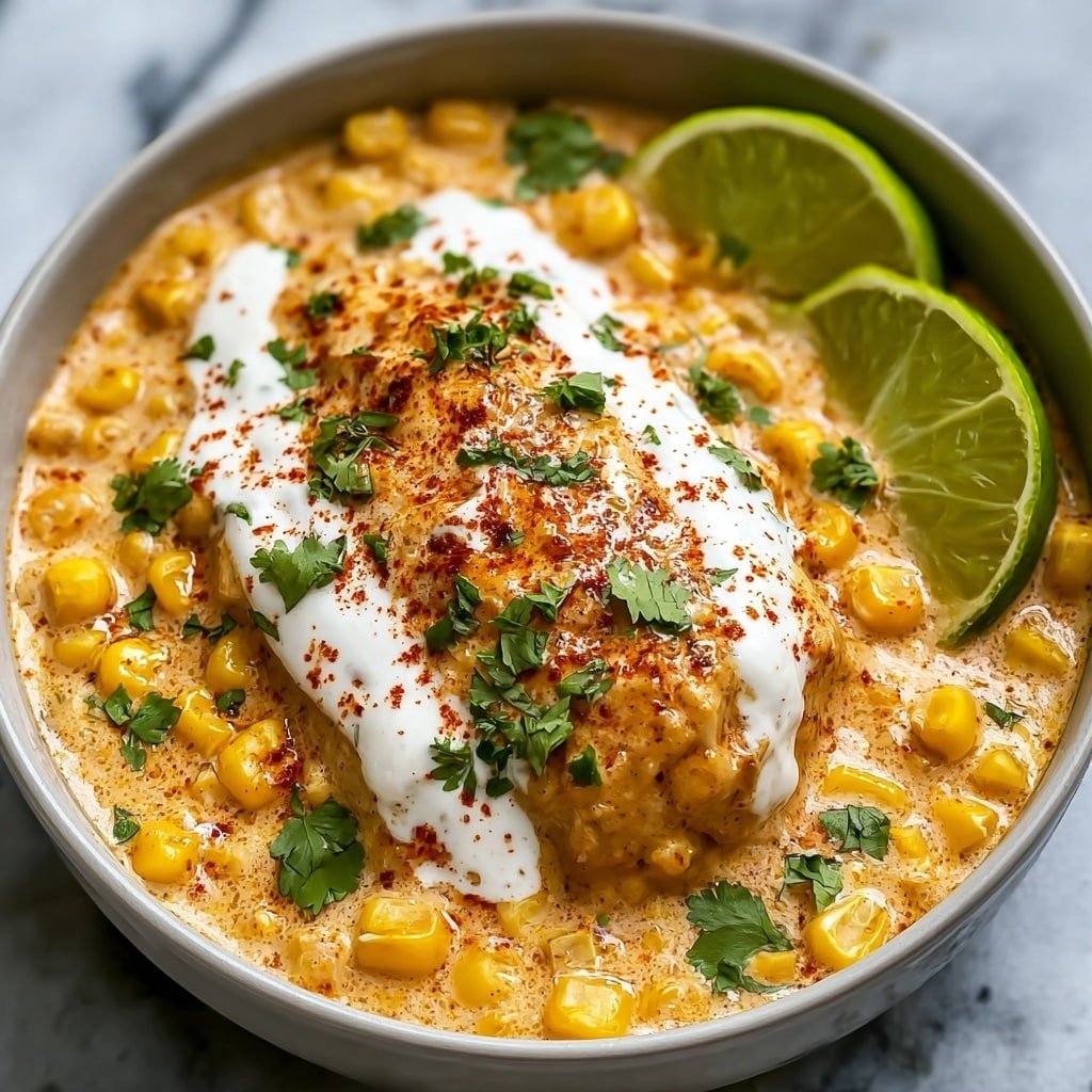 The image shows a bowl filled with a creamy yellow mixture of corn kernels and cheese sauce as the base layer. On top is a grilled piece of chicken with a golden-brown color and some black char marks on the surface. The chicken is covered by a layer of white cottage cheese sprinkled with black pepper and small green cilantro leaves. On the side, there are two lime wedges adding a fresh green contrast. The bowl is placed on a white marbled surface. photo taken with an iphone --ar 1:1 --v 7 — Street Corn Chicken Skillet, Mexican Street Corn Chicken, Easy Skillet Chicken Recipes, Creamy Corn Chicken, Quick Dinner Ideas