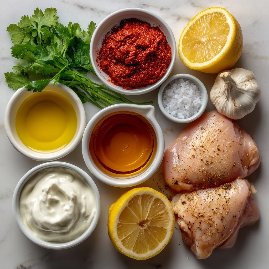 Flat lay of a quarter cup of golden olive oil in a small white ceramic bowl, a small white bowl with bright red Harissa paste, a small white bowl holding thick amber honey, half a fresh lemon cut open showing its juicy interior, two plump cloves of garlic with smooth papery skins, a small heap of coarse kosher salt crystals on the white surface, a pinch of freshly ground black pepper, three raw boneless skinless chicken thighs with natural pink color, a small white bowl of creamy white yogurt, a small bunch of vibrant green cilantro sprigs, and a small white bowl filled with fresh pale lemon juice, all arranged with perfect symmetry placed on a clean white marble surface, soft natural light, photo taken with an iPhone, professional food photography style, fresh ingredients, white ceramic bowls, no bottles, no duplicates, no utensils, no packaging --ar 1:1 --v 7 --p m7354639359234015250 — Honey Harissa Chicken Thighs, Chicken Thighs with Honey Harissa, Spicy Honey Chicken Dinner, Easy Harissa Chicken Recipe, Juicy Chicken Thighs with Harissa