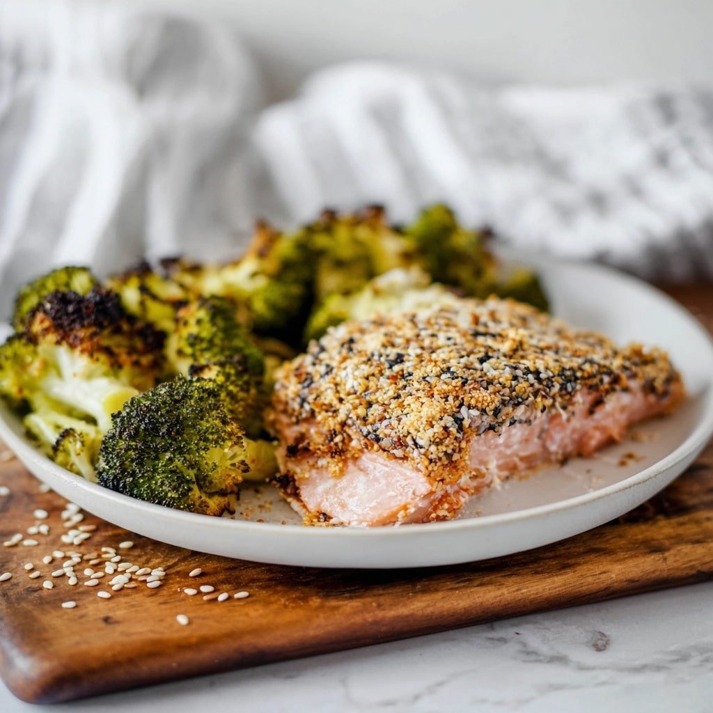 This image shows a metal baking tray with three fillets covered in a layer of sesame seeds and spices on the left side, which have a light golden color mixed with white and black seeds, creating a textured and crunchy look. On the right side of the tray, there is a pile of roasted broccoli florets with a mix of bright green and slightly darkened browned edges, showing a crispy texture from roasting. The baking tray is placed on a white marbled surface, adding a clean and bright background to the dish. photo taken with an iphone --ar 1:1 --v 7 — Honey Dijon Salmon with Roasted Broccoli, Honey Dijon Salmon, Baked Salmon with Honey Dijon, Easy Salmon Dinner, Healthy Fish Recipes