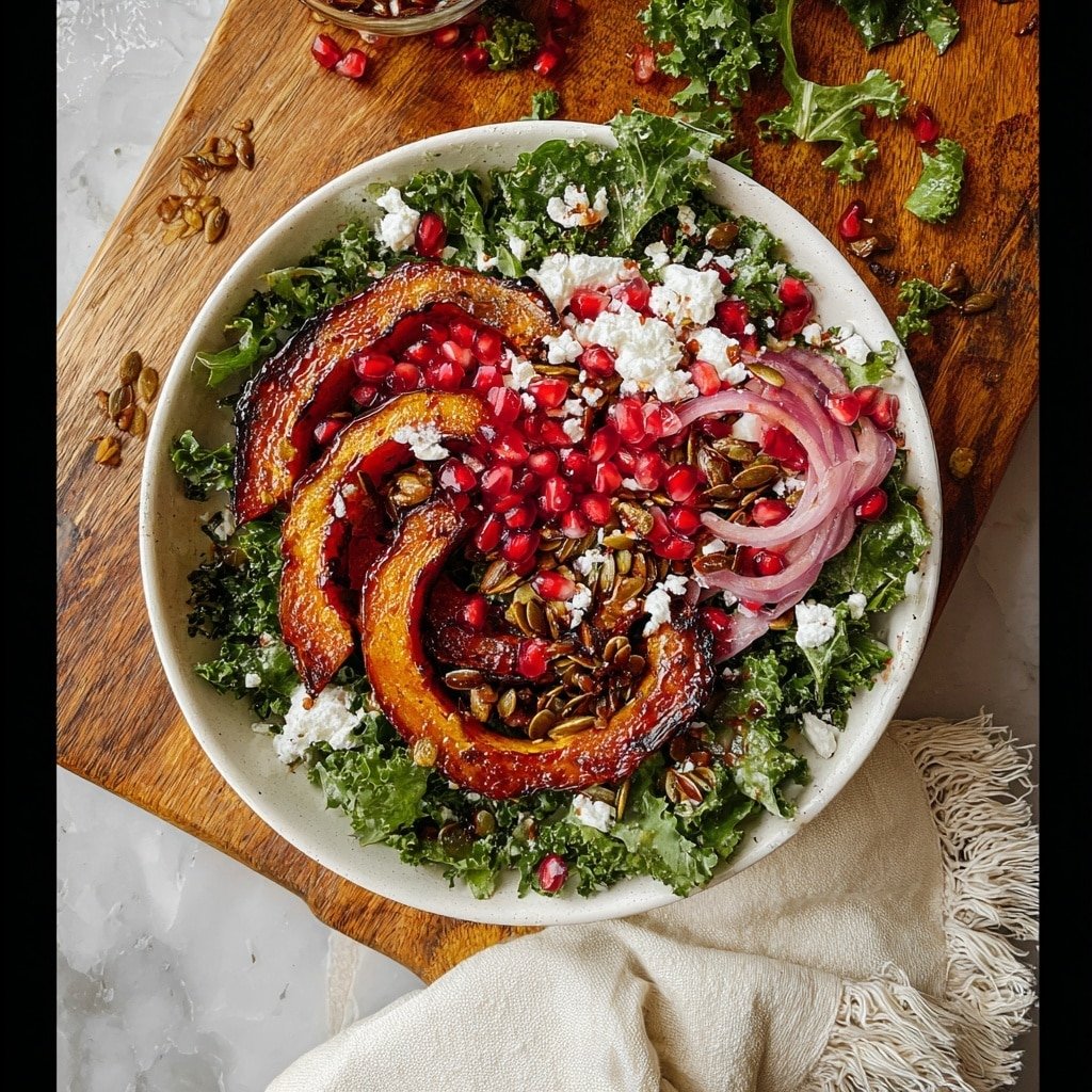 The dish shows a white bowl filled with several layers starting from a bed of fresh green leafy kale with a slightly wet texture for shine, topped with bright red pomegranate seeds scattered in small clusters mainly on the right side and near the center. There are roasted orange-brown slices of squash with a caramelized surface placed in a loose circular pattern nearly covering the middle of the bowl. Crumbled white cheese rests in small chunks on the left and top edges, with light brown toasted pumpkin seeds sprinkled all over, adding a crunchy texture. Thin slices of purple onion peek out from under the squash on the right side. The bowl is set on a white marbled surface with a small part of a wooden board visible beyond the surface. Photo taken with an iphone --ar 1:1 --v 7 — Roasted Delicata Squash Salad with Pomegranate, Delicata Squash Salad, Fall Vegetable Salad, Healthy Roasted Squash Salad, Pomegranate and Squash Salad
