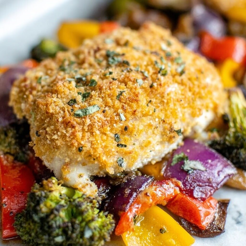 A rectangular metal baking tray sits on a white marbled surface, filled with four golden-brown cooked chicken pieces evenly spaced in the center. Surrounding the chicken pieces is a colorful mix of vegetables, including chopped red, orange, and yellow bell peppers, green broccoli florets, sliced brown mushrooms, and pieces of purple and white onions scattered all over the tray. A metal serving spoon is resting on the right side of the tray, slightly under some vegetables. The overall look is vibrant and fresh with a mix of rough textures from the roasted chicken and soft vegetables. photo taken with an iphone --ar 1:1 --v 7 — Keto Baked Chicken Thighs with Roasted Veggies, keto chicken thigh recipe, low carb roasted chicken and vegetables, healthy keto chicken dinner, easy keto chicken and veggies