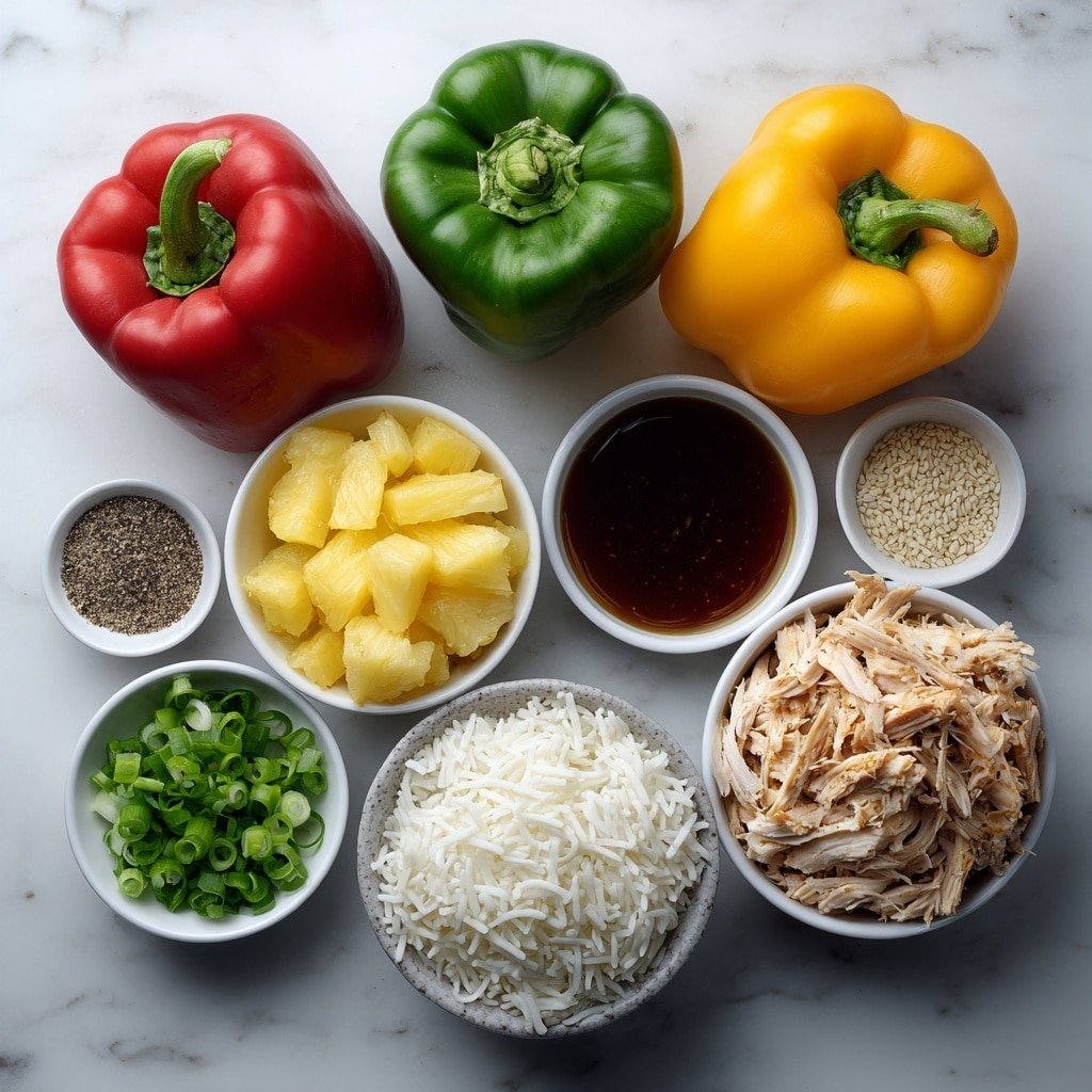 Teriyaki Pineapple Chicken Stuffed Peppers Recipe - Ingredients Image — Teriyaki Pineapple Chicken Stuffed Peppers, healthy stuffed peppers with pineapple and chicken, easy stuffed pepper recipes, tropical stuffed peppers, savory stuffed pepper ideas