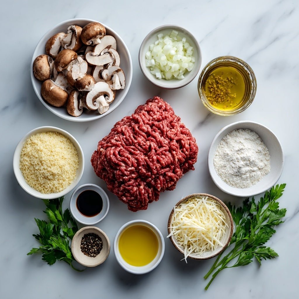 Beef Salisbury Steak with Mushroom Gravy Recipe - Ingredients Image — Beef Salisbury Steak with Mushroom Gravy, hearty beef patties with mushroom gravy, comfort food recipes, easy Salisbury steak recipe, family dinner ideas