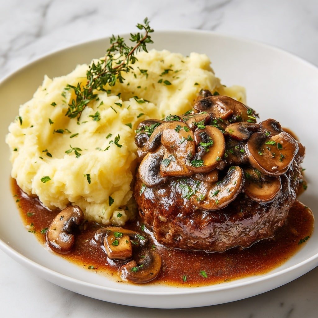 Beef Salisbury Steak with Mushroom Gravy Recipe - Article Image 1 — Beef Salisbury Steak with Mushroom Gravy, hearty beef patties with mushroom gravy, comfort food recipes, easy Salisbury steak recipe, family dinner ideas