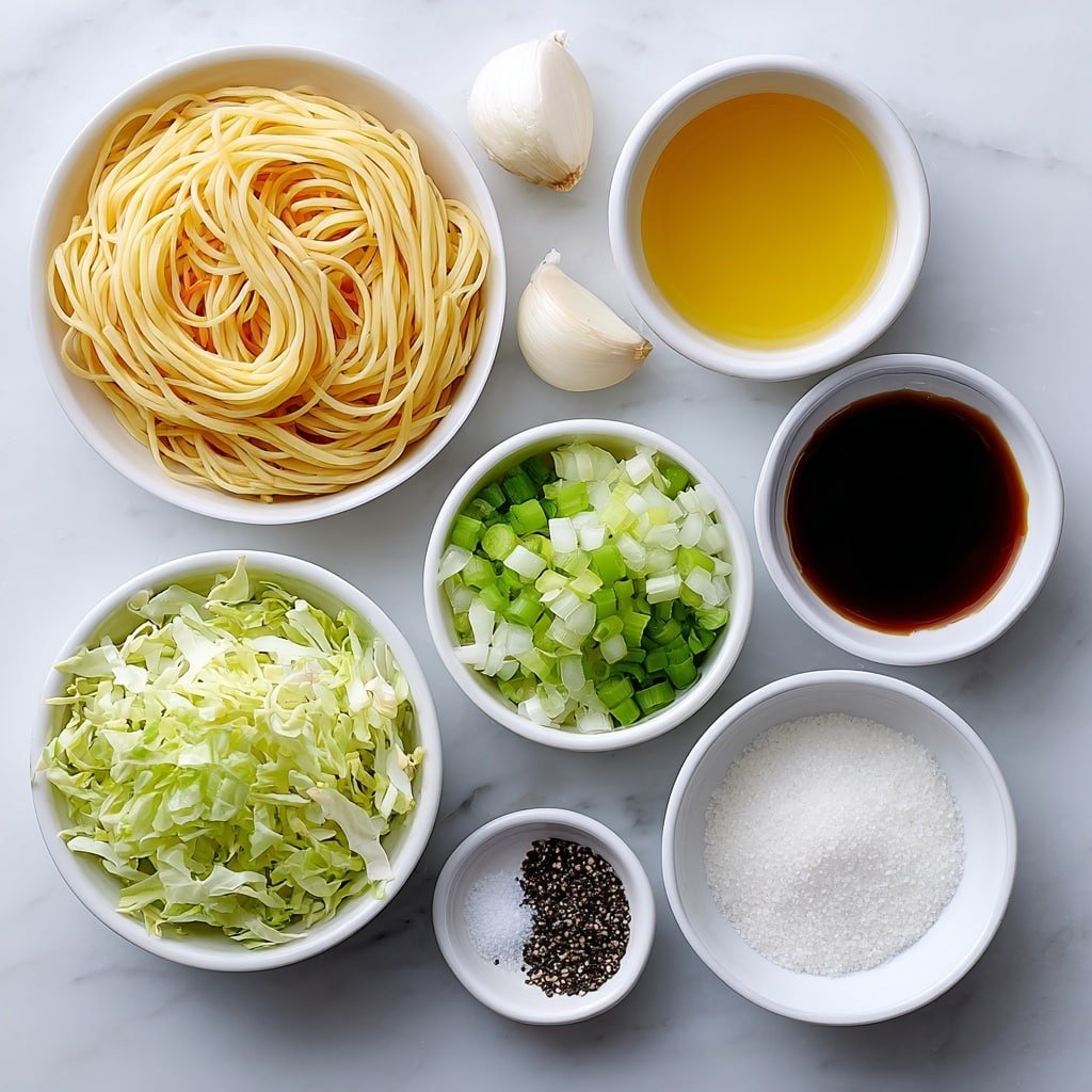Flat lay of fresh, pale yellow lo mein noodles neatly coiled, two cloves of unpeeled garlic with smooth white skins, a small white bowl of clear vegetable oil, a small white bowl filled with glossy dark soy sauce, a small white bowl with rich brown oyster sauce, a small white bowl containing deep amber sesame oil, a small white bowl of light golden chicken broth, a handful of bright white and translucent bean sprouts, a pile of finely shredded crisp green cabbage, thin julienned bright orange carrots arranged in a small mound, thin slices of pale green celery stalks, roughly chopped white and purple-tinged onions scattered evenly, a tiny pile of granulated white sugar crystals, and a small heap of coarse black peppercorns and coarse salt crystals—all arranged with perfect symmetry on a simple white ceramic plate and bowls placed on a clean white marble surface, soft natural light, photo taken with an iPhone, professional food photography style, fresh ingredients, white ceramic bowls, no bottles, no duplicates, no utensils, no packaging --ar 1:1 --v 7 --p m7354639359234015250 — Copycat Panda Express Chow Mein, homemade Panda Express Chow Mein, quick Panda Express-style noodles, easy Asian noodle recipe, restaurant-style chow mein