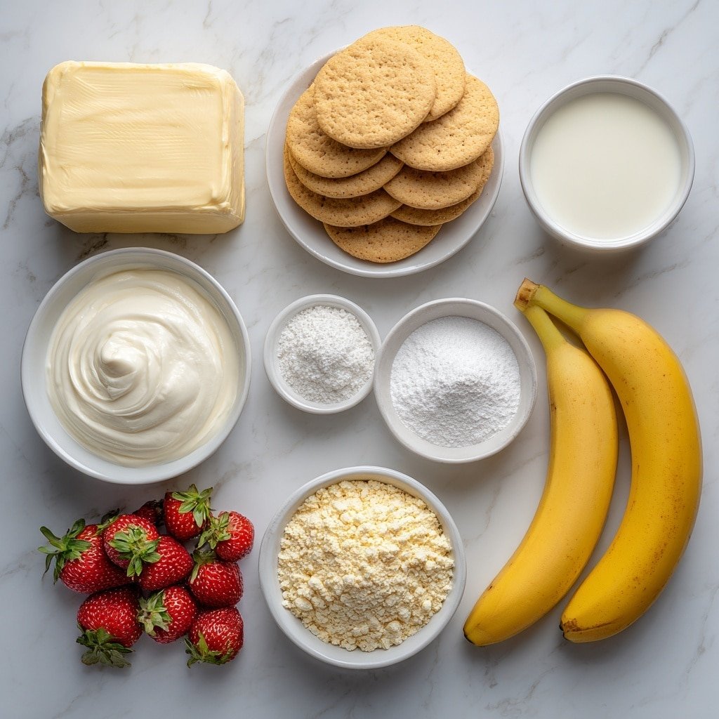 Flat lay of a block of smooth cream cheese, a small white bowl of thick heavy whipping cream, a small white bowl of fine powdered sugar, a small white bowl with pale vanilla extract, two boxes of instant vanilla pudding mix (represented by loose pale yellow powder in a small white bowl), a simple white bowl of cold whole milk, a neat stack of round vanilla wafers, three ripe bananas with yellow skins, a bunch of fresh whole strawberries with green leaves, and a small white bowl filled with crushed strawberry wafers, all arranged with perfect symmetry and balanced proportions on a clean white marble surface, soft natural light, photo taken with an iPhone, professional food photography style, fresh ingredients, white ceramic bowls, no bottles, no duplicates, no utensils, no packaging --ar 1:1 --v 7 --p m7354639359234015250 — Strawberry Banana Cheesecake Parfait, easy fruit dessert, no-bake parfait recipe, layered cheesecake parfait, fresh berry parfait
