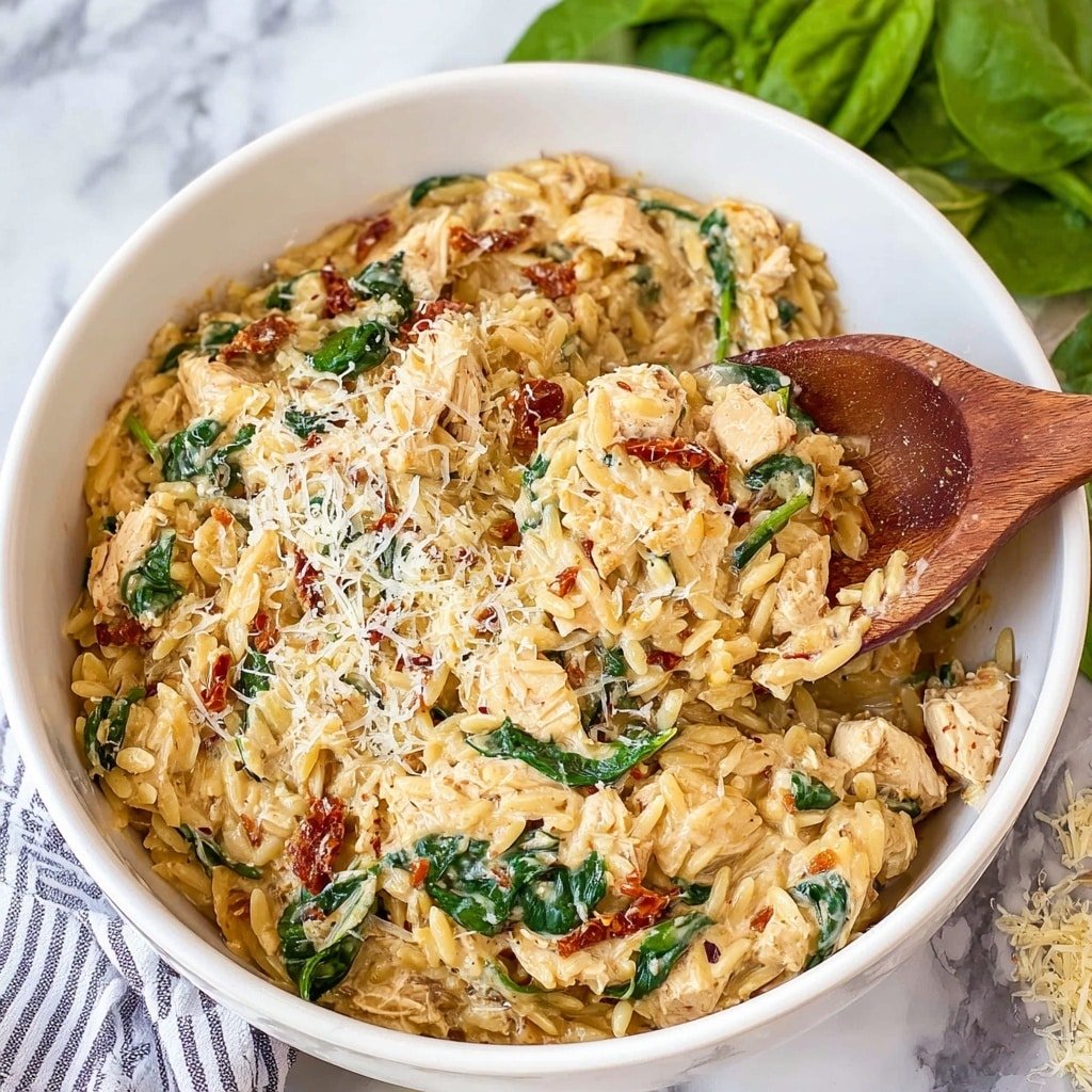 Creamy Tuscan Chicken Orzo Recipe - Article Image 2 — Creamy Tuscan Chicken Orzo, Tuscan chicken pasta, creamy chicken dinner, Italian-inspired chicken recipe, easy comfort food recipes