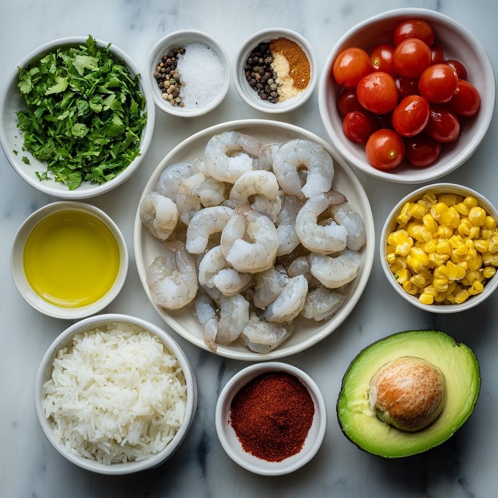 Flat lay of raw peeled and deveined shrimp arranged neatly, a small white bowl with bright green fresh chopped cilantro, a small white bowl of golden olive oil, a small white bowl filled with freshly squeezed lime juice, a small white bowl containing deep red smoked paprika powder, a small white bowl with light brown cumin powder, a small white bowl with dark red chili powder, a small white bowl holding off-white garlic powder, a small white bowl of white salt crystals, a small white bowl of black peppercorns, a small white bowl with vibrant red cayenne pepper powder, a small white bowl with diced bright purple-red onion, a small white bowl with halved juicy red cherry tomatoes, a whole jalapeño chili with glossy dark green skin, a sliced large avocado with bright green creamy flesh, a small white bowl of golden fire-roasted corn kernels, a mound of fluffy white cooked rice—all placed on a clean white marble surface, soft natural light, photo taken with an iPhone, professional food photography style, fresh ingredients, white ceramic bowls, no bottles, no duplicates, no utensils, no packaging --ar 1:1 --v 7 --p m7354639359234015250 — Fiesta Shrimp Rice Bowl, shrimp rice bowl recipe, easy shrimp bowl, vibrant seafood bowl, quick weeknight dinner