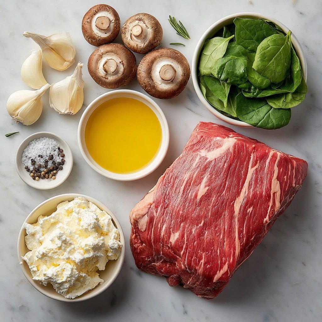 Flat lay of a fresh whole flank steak lying flat and uncut, a few whole garlic cloves with clean white skins, roughly chopped bright green spinach leaves, roughly chopped brown mushrooms, a small white ceramic bowl of creamy white goat cheese, a small white ceramic bowl with golden olive oil, and a small white ceramic bowl of coarse salt and black peppercorns, all arranged in perfect symmetry on a clean white marble surface, soft natural light, photo taken with an iPhone, professional food photography style, fresh ingredients, white ceramic bowls, no bottles, no duplicates, no utensils, no packaging --ar 1:1 --v 7 --p m7354639359234015250 — Stuffed Flank Steak with Mushrooms and Spinach, stuffed flank steak recipe, beef stuffed with mushrooms and spinach, easy stuffed flank steak, savory stuffed steak
