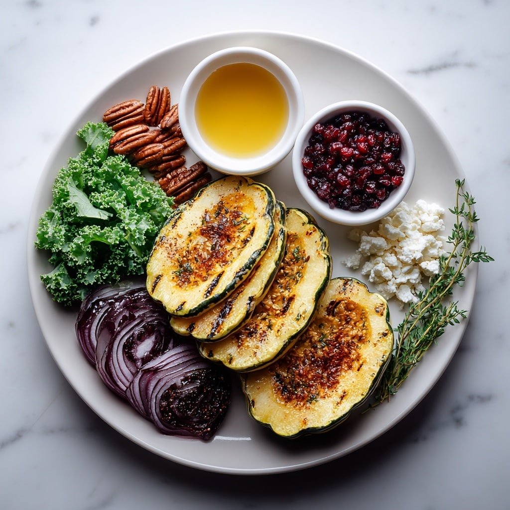 Flat lay of a halved delicata squash cut into half-moons with pale yellow skin and green stripes, a few whole brown pecan halves, a small handful of greenish raw pepitas, a cluster of shiny deep red pomegranate seeds, a small pile of golden raisins, a few thin slices of vibrant purple-red onion, a small mound of mixed greens including curly kale, baby spinach, and arugula leaves, a small pile of crumbled white goat cheese, a whole garlic clove with papery white skin, a few sprigs of fresh green thyme, three small white ceramic bowls containing golden extra virgin olive oil, amber maple syrup, and pale apple cider vinegar, sprinkled kosher salt crystals and a brush of smoked paprika and chili powder arranged delicately on a simple white ceramic plate, all placed on a clean white marble surface, soft natural light, photo taken with an iPhone, professional food photography style, fresh ingredients, white ceramic bowls, no bottles, no duplicates, no utensils, no packaging --ar 1:1 --v 7 --p m7354639359234015250 — Roasted Delicata Squash Salad with Pomegranate, Delicata Squash Salad, Fall Vegetable Salad, Healthy Roasted Squash Salad, Pomegranate and Squash Salad