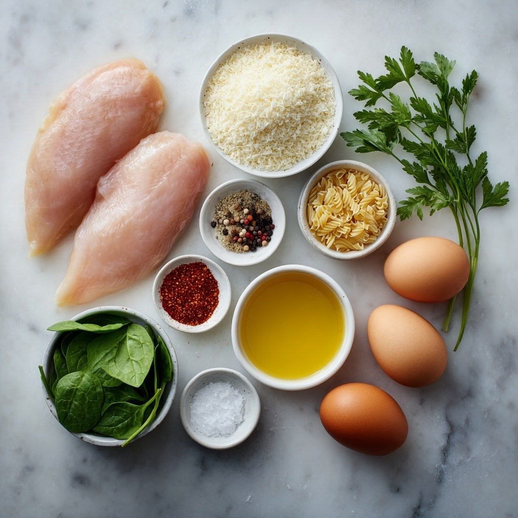 Flat lay of four raw boneless, skinless chicken breasts, a small pile of dry orzo pasta, a small white ceramic bowl filled with grated Parmesan cheese, a small white bowl containing Italian seasoning blend, a small white bowl of garlic powder, a small white bowl of onion powder, two brown eggs with clean shells, a small white bowl of coarse salt, a small white bowl of black peppercorns, a small white bowl of golden olive oil, a small white bowl of low-sodium chicken broth, a small heap of fresh chopped spinach leaves, and a few sprigs of fresh green parsley arranged symmetrically on a clean white marble surface, soft natural light, photo taken with an iPhone, professional food photography style, fresh ingredients, white ceramic bowls, no bottles, no duplicates, no utensils, no packaging --ar 1:1 --v 7 --p m7354639359234015250 — Creamy Parmesan Herb Chicken with Orzo, Creamy Chicken and Orzo, Herb Chicken and Parmesan, Easy Creamy Chicken Pasta, Comforting Chicken and Rice Dish