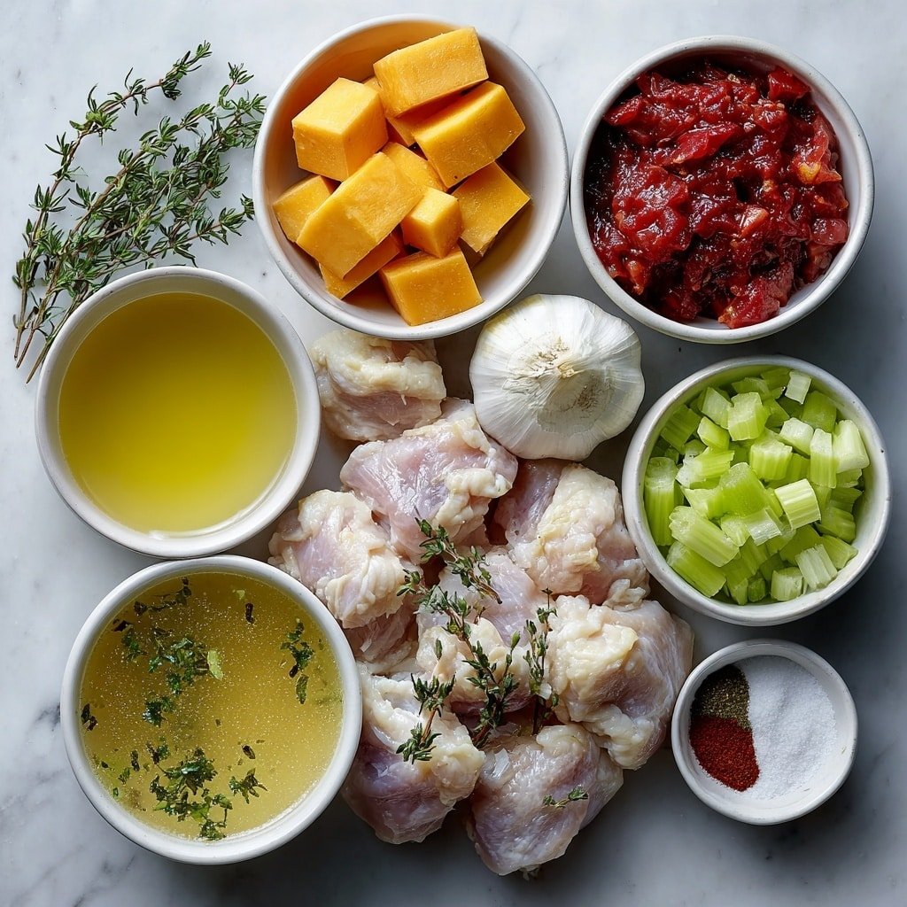 Flat lay of boneless, skinless raw chicken thighs cut into chunks arranged neatly, two medium peeled sweet potatoes cubed, two bright orange carrots sliced into even rounds, two celery stalks diced with fresh green color, one medium yellow onion chopped into small pieces, three whole garlic cloves unpeeled, a small white ceramic bowl filled with clear chicken broth, a small white bowl containing vibrant diced fresh tomatoes, a few sprigs of dried thyme and rosemary loosely scattered, one whole dried bay leaf, a small white bowl of deep red paprika powder, a small white bowl of coarse salt, a small white bowl of black peppercorns, a small white bowl with golden olive oil, and a few sprigs of bright green chopped fresh parsley, all placed with perfect symmetry and realistic proportions on a simple white ceramic backdrop placed on a clean white marble surface, soft natural light, photo taken with an iPhone, professional food photography style, fresh ingredients, white ceramic bowls, no bottles, no duplicates, no utensils, no packaging --ar 1:1 --v 7 --p m7354639359234015250 — Chicken Sweet Potato Stew, hearty chicken sweet potato meal, easy chicken sweet potato dinner, comforting stew with chicken and sweet potatoes, one-pot chicken sweet potato recipe