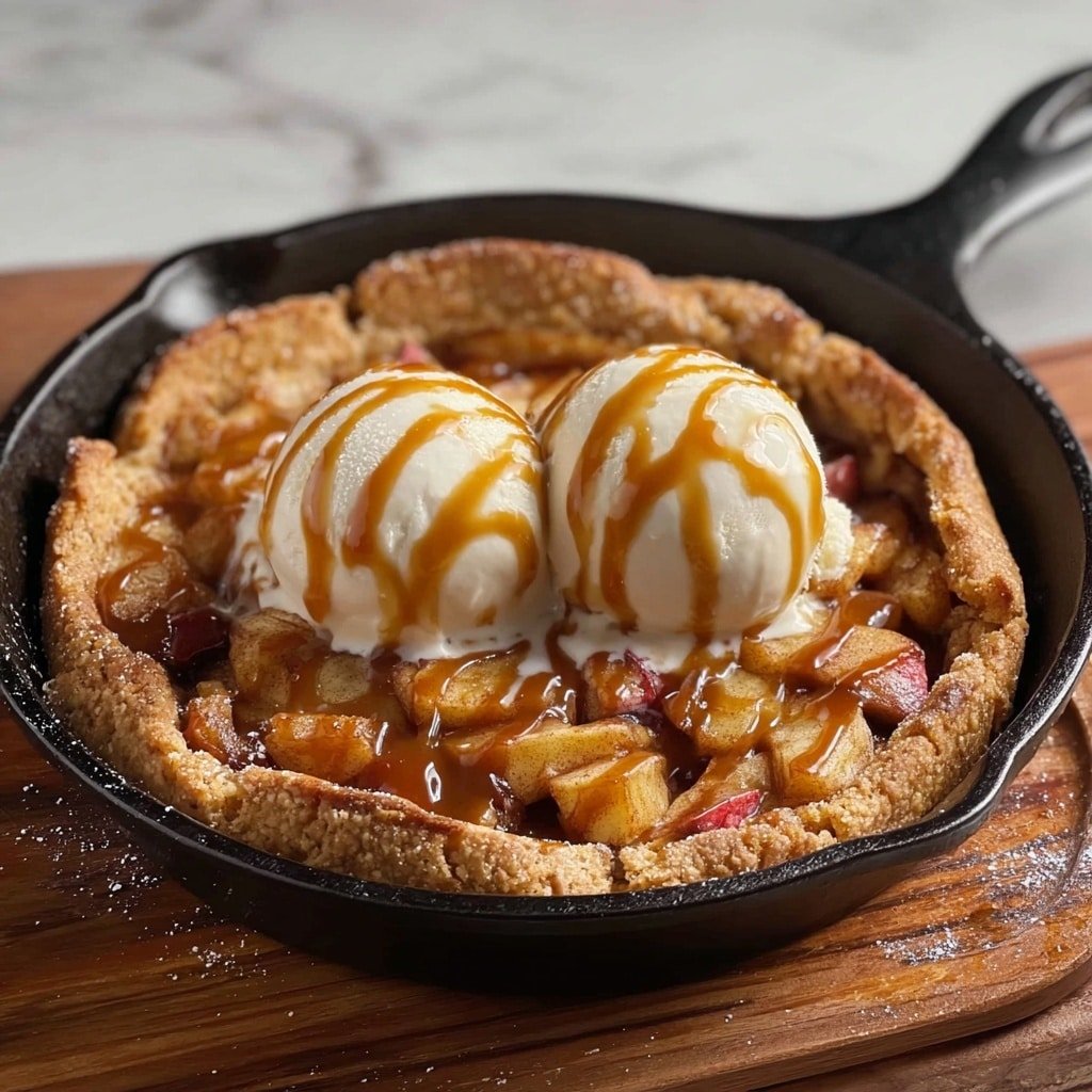 A black cast iron skillet holds a warm dessert with a thick crumbly golden-brown crust forming a rough edge around the dish. Inside the crust are soft, caramel-colored apple slices mixed with a shiny brown sauce that looks sticky and sweet. On top, there is a single large scoop of white vanilla ice cream with a smooth texture. The ice cream is drizzled with a glossy caramel sauce that runs down the sides, adding a rich golden shine. The skillet sits on a wooden surface with a blurred dark background. photo taken with an iphone --ar 1:1 --v 7 — Caramel Apple Cookie Skillet, Apple Skillet Cookie, Easy Apple Desserts, Warm Apple Cookie Dessert, Caramel Apple Treats