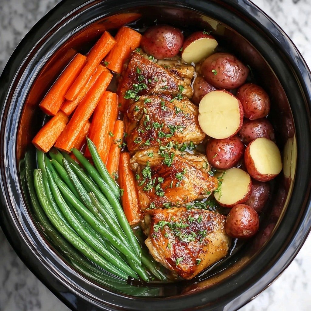 A white round bowl holds a meal arranged in four distinct sections: at the bottom, three golden-brown chicken pieces with crispy skin are sprinkled with chopped green herbs; surrounding the chicken and filling much of the bowl, halved red potatoes with smooth skins soak in a glossy brown sauce with herb specks; above the chicken, bright orange baby carrots lie in neat parallel rows, also sprinkled lightly with herbs; and to the left, a cluster of green beans with a slight shine from cooking forms the final section. The bowl sits on a wooden table, and the colors of the food contrast warmly with the white bowl. Photo taken with an iphone --ar 1:1 --v 7 — Honey Garlic Chicken Thighs with Veggies, Honey Garlic Chicken Thighs, Easy Chicken Thighs with Veggies, Comfort Food Recipes, Slow Cooker Chicken Dinner