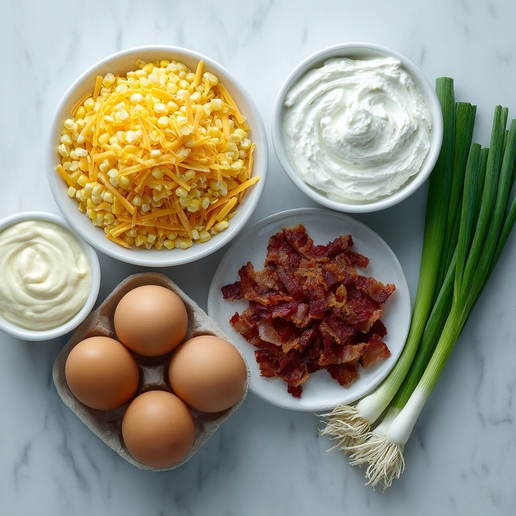 Flat lay of fresh bright yellow corn kernels in a simple white ceramic bowl, a small white bowl of smooth creamy mayonnaise, a small white bowl of thick sour cream, shredded sharp orange cheddar cheese neatly piled on a white plate, crisp cooked chopped bacon pieces in a white bowl, three fresh green onions with white bulbs and green stalks laid together, and whole uncracked brown eggs arranged symmetrically on a white plate, all ingredients fresh and natural, perfect proportions, minimalistic balanced layout placed on a clean white marble surface, soft natural light, photo taken with an iPhone, professional food photography style, fresh ingredients, white ceramic bowls, no bottles, no duplicates, no utensils, no packaging --ar 1:1 --v 7 --p m7354639359234015250 — Cheesy Bacon Corn Salad,Easy Corn Salad Recipe,Creamy Bacon Corn Side Dish,Comforting Summer Salad,Cheesy Bacon Corn Salad Recipe