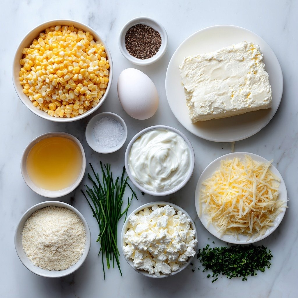 Flat lay of two small white ceramic bowls—one filled with whole kernel corn and one with creamy corn puree, a block of softened cream cheese on a white ceramic plate, a small white bowl of sour cream, a small white bowl containing melted butter, one large whole uncracked egg, a small white bowl of granulated sugar, a small white bowl of honey, a small white bowl of water, a small white bowl with sea salt crystals, a small white bowl with black peppercorns, a small white bowl holding panko breadcrumbs, a small white plate with grated sharp cheddar cheese, a few sprigs of fresh thyme and parsley, and a small pile of finely chopped fresh chives arranged symmetrically, placed on a clean white marble surface, soft natural light, photo taken with an iPhone, professional food photography style, fresh ingredients, white ceramic bowls, no bottles, no duplicates, no utensils, no packaging --ar 1:1 --v 7 --p m7354639359234015250 — Honey Glazed Corn Casserole, corn casserole with honey, easy corn side dish, comforting corn casserole recipe, sweet and savory corn casserole