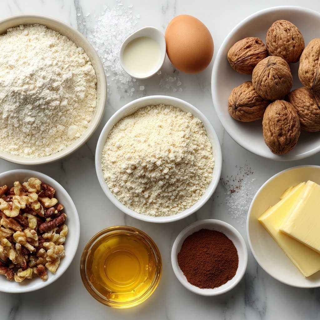 Flat lay of a small mound of all-purpose flour, a few granulated sugar crystals scattered beside it, a small white ceramic bowl of warm milk, two whole uncracked brown eggs, a small white ceramic bowl filled with melted unsalted butter, a pinch of salt crystals beside the flour, a heap of finely chopped walnuts, a heap of finely chopped pistachios, a small white ceramic bowl holding golden honey, a small white ceramic bowl with clear water, and a small white ceramic bowl containing ground cinnamon, all arranged symmetrically and balanced, placed on a clean white marble surface, soft natural light, photo taken with an iPhone, professional food photography style, fresh ingredients, white ceramic bowls, no bottles, no duplicates, no utensils, no packaging --ar 1:1 --v 7 --p m7354639359234015250 — Baklava-Flavor Babka Buns, baklava-inspired buns recipe, homemade baklava babka, nut-filled babka buns, Middle Eastern flavor buns