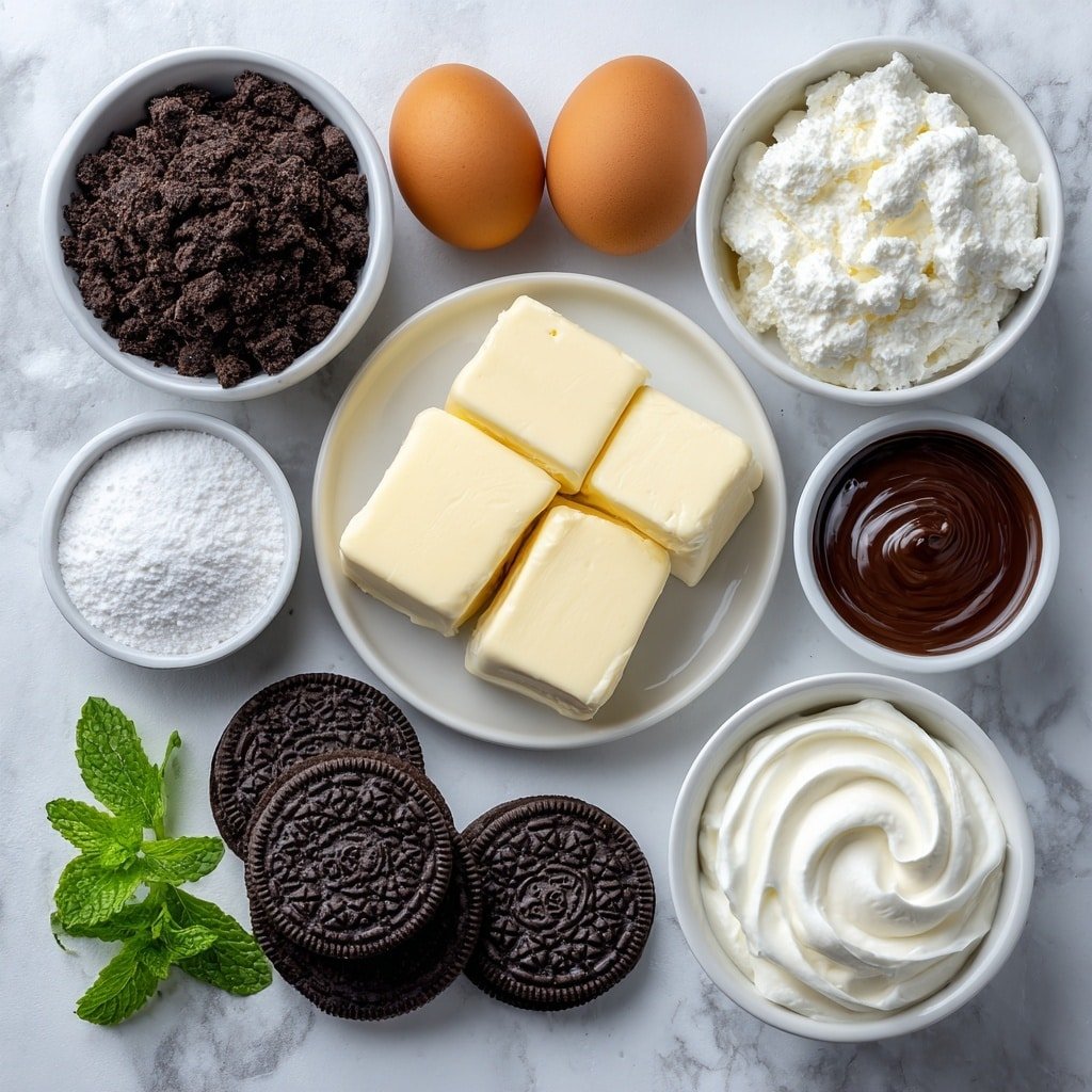 Flat lay of crushed Oreo cookies in a small white ceramic bowl, whole uncracked brown eggs, two blocks of cream cheese on a simple white plate, powdered sugar in a small white bowl, vanilla beans resting on a white ceramic dish, heavy whipping cream whipped in a white bowl, six whole fresh Oreo cookies arranged neatly on a white plate, smooth chocolate sauce in a small white bowl, and a few sprigs of fresh mint for color contrast, all perfectly balanced and symmetrically placed on a clean white marble surface, soft natural light, photo taken with an iPhone, professional food photography style, fresh ingredients, white ceramic bowls, no bottles, no duplicates, no utensils, no packaging --ar 1:1 --v 7 --p m7354639359234015250 — Oreo Stuffed Mini Cheesecakes, mini cheesecake recipes, easy cheesecake desserts, no-bake cheesecake ideas, childhood favorite desserts